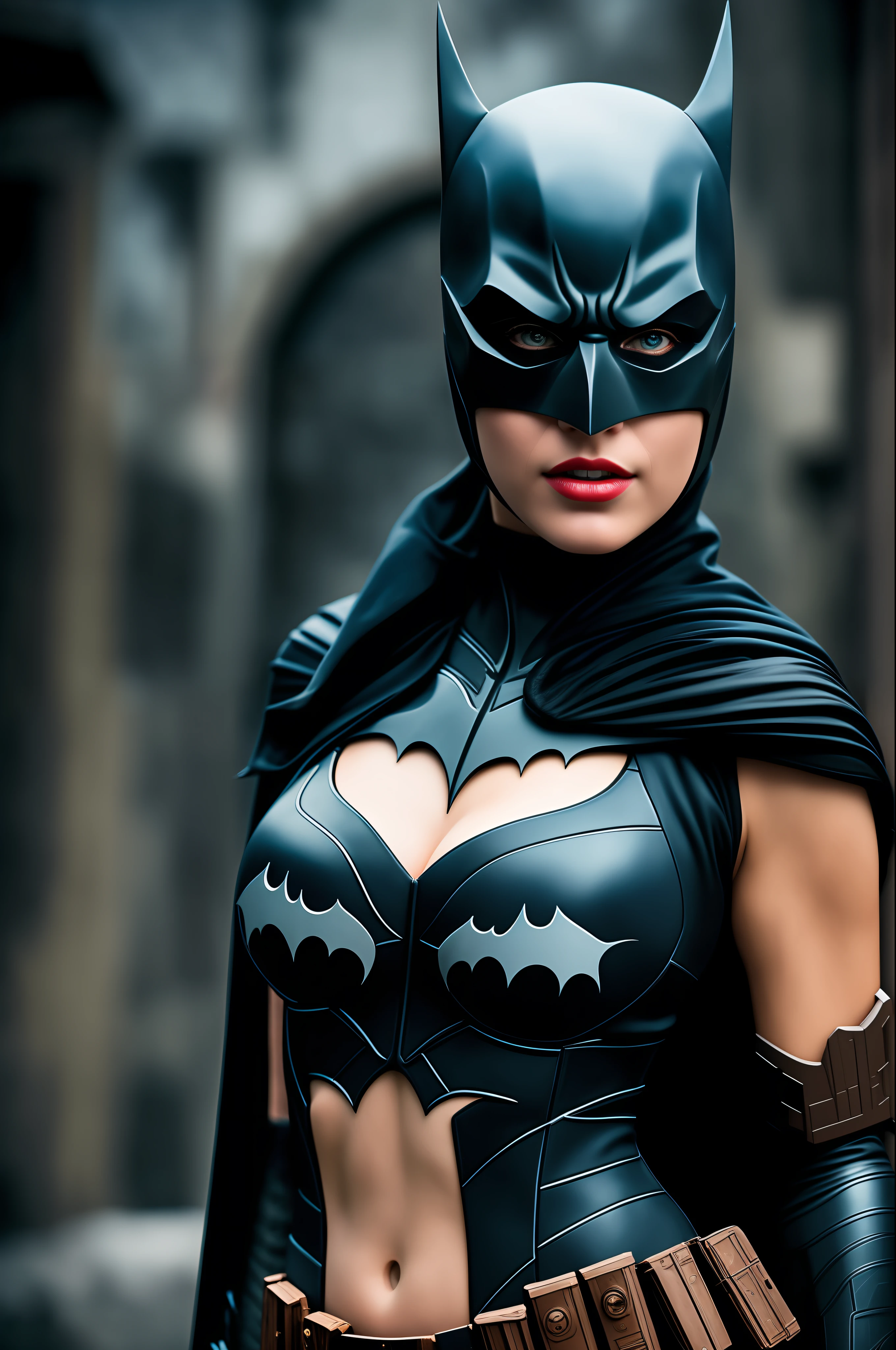 masterpiece, best quality, illustration, {beautiful woman with detailed Batman cosplay}, gorgeous detailed brilliance. Night. Cloudy. Dark. Gloomy weather. Little contrast. Film photography. Realism. Realistic art. Face with focus. Sharpness. Large breasts