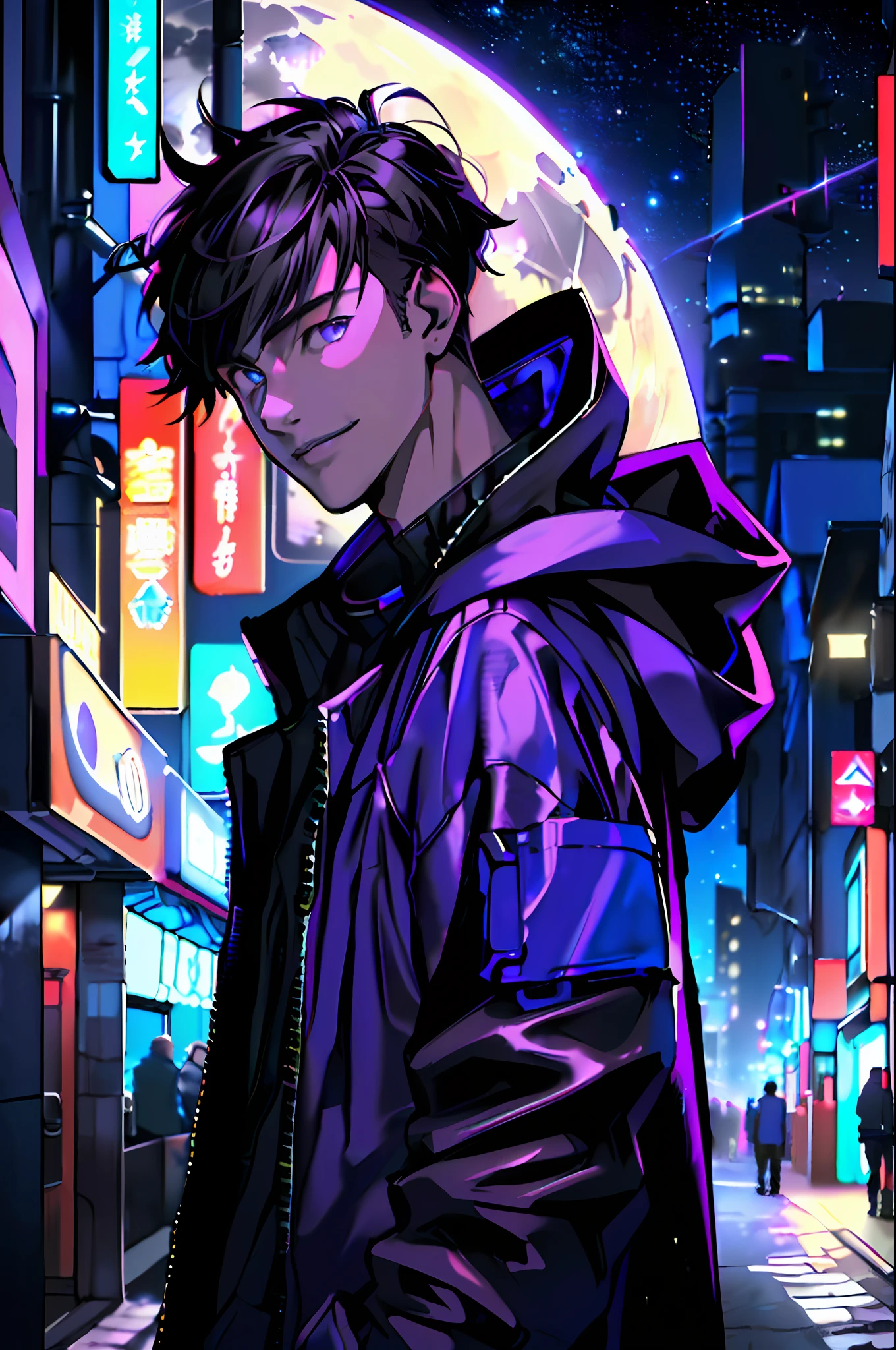 (( boy)), ((wearing hooded blouse)), looking forward, showing full face, ((cyberpunk night town in the background)), ((starry sky with full moon)), (((modern clothing in blue, black and purple colors))), slight smile on face, realistic shadow, detailed shadow, realistic light, detailed light, contour light, pixiv, artstation, super detailed
