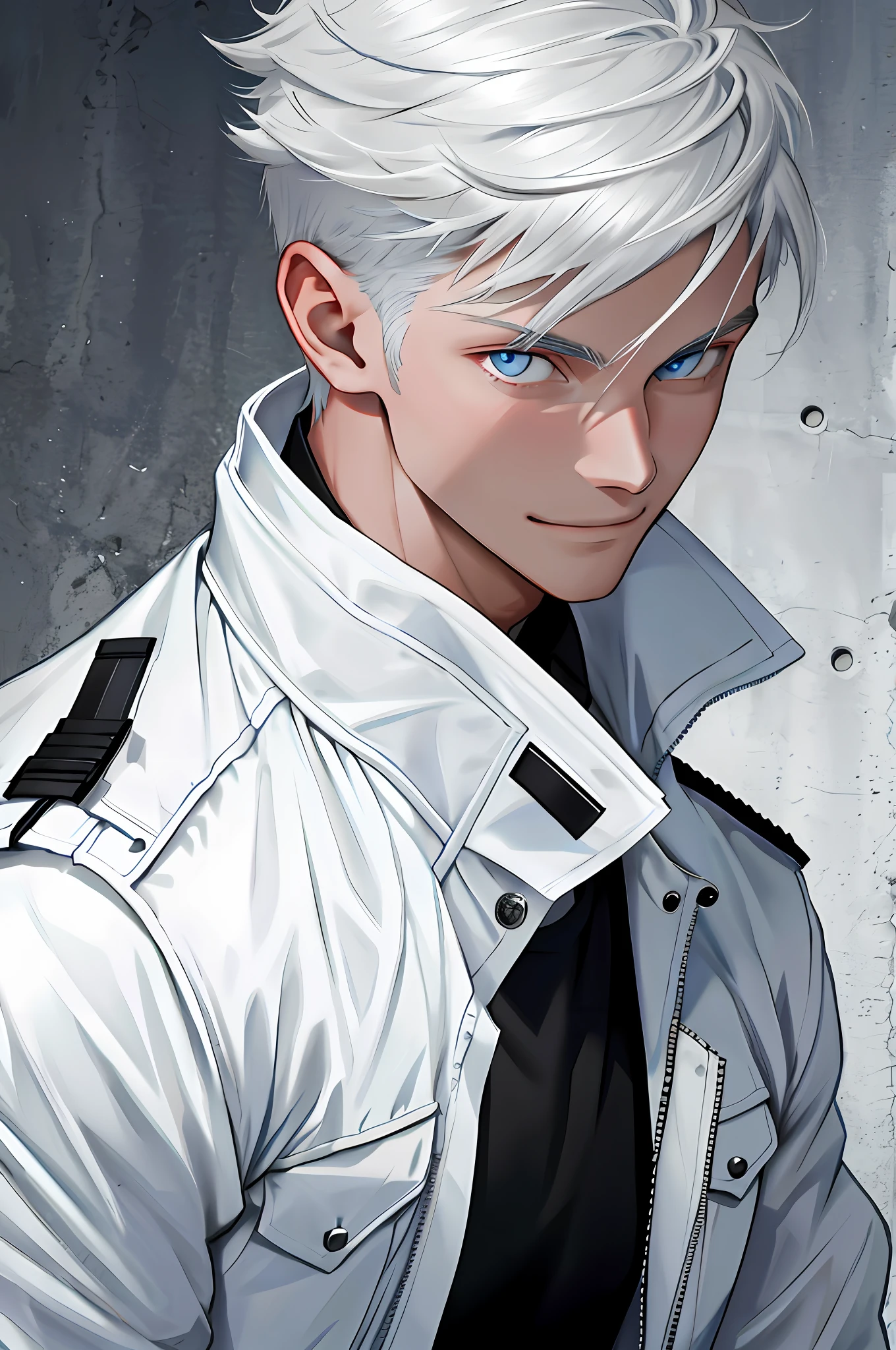 solo, close-up, adult German, male, military short hair (white, lowered: 1.9), blue eyes, upper body, white jacket, black shirt, smiling:2.0