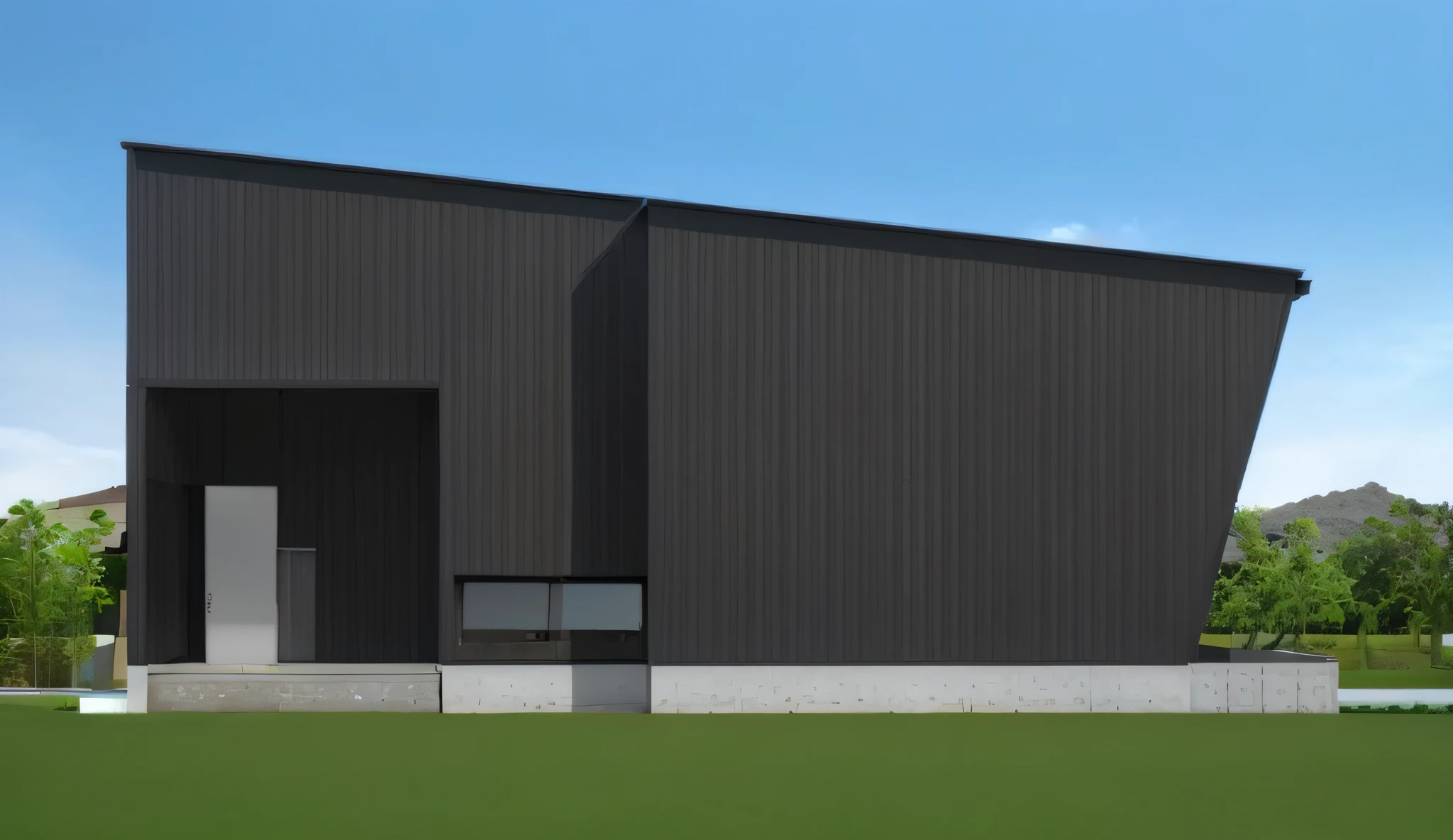a rendering of a modern house with a large front yard, black steel buildings, photo render, a digital rendering, digital rendering, wide angle exterior 2022, wide establishing shot, conceptual rendering, grey warehouse background, exterior shot, concept image, sharp hq rendering, sharp foccus ilustration hq, exterior wide shot, render, 2d side view --auto --s2
