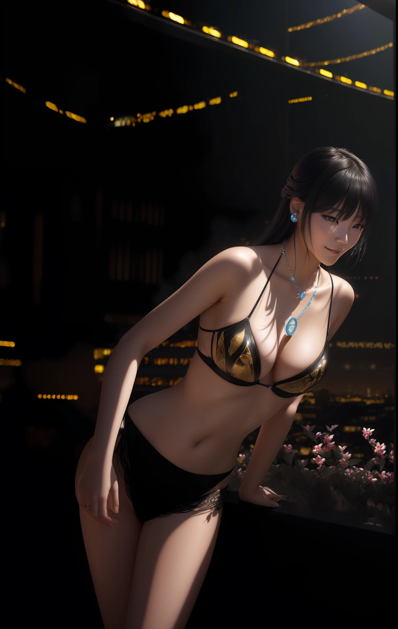 night,(night:1.8),(city lights:1.9),(black theme,),in summer,onsen,(nature:1.9),1girl,full body,black hair,very long hair,grin,sexy,unaligned breasts, dynamic angle,dynamic pose,outdoors,chinese style architecture,High color saturation,Color saturation,(jewelry:1.4),putting on jewelry, 
ray tracing,cinematic lighting,(raw photo:1.2), (photorealistic:1.4), absurdres, incredibly absurdres, huge filesize , ultra-detailed, highres, extremely detailed,best quality ,masterpiece, illustration, an extremely delicate and beautiful, extremely detailed ,CG ,unity ,8k wallpaper, Amazing, finely detail, masterpiece,best quality, pureerosface_v1,ulzzang-6500-v1.1,