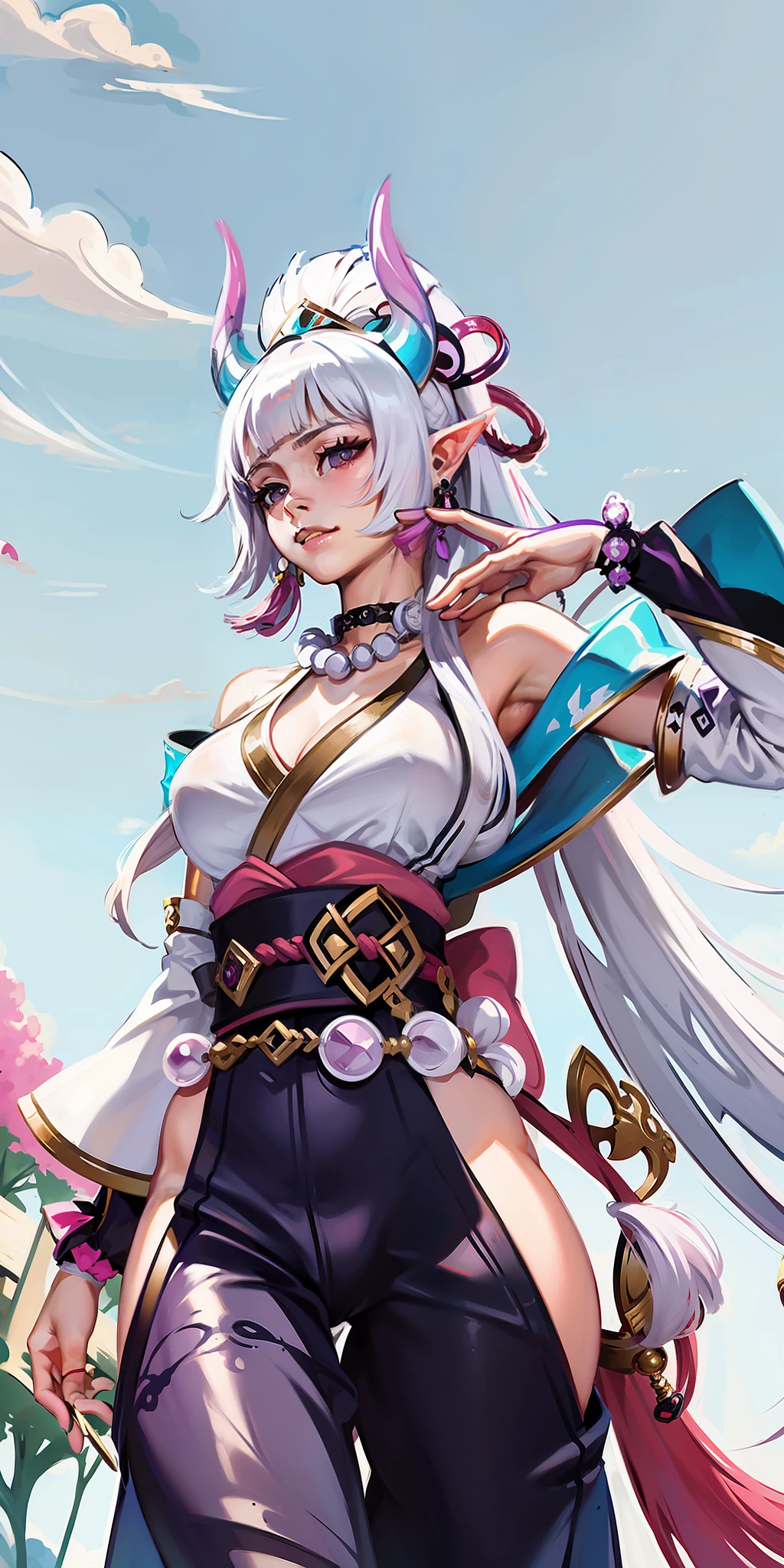 Spirit_Blossom_Syndra, purple_eyes, blunt_bangs, white_hair, pointy_ears, kimono, detached sleeves,
(huge breasts:1.2,) upper body, from below, cameltoe, black panties,
jewelry, hands on chest,see-through, looking at viewer, hair ornament, choker, shy,
(masterpiece, top quality, best quality, official art, beautiful and aesthetic:1.2), (1 girl), extreme detailed, colorful, highest detailed,
city,street, leaning, wall, sun, cloud,