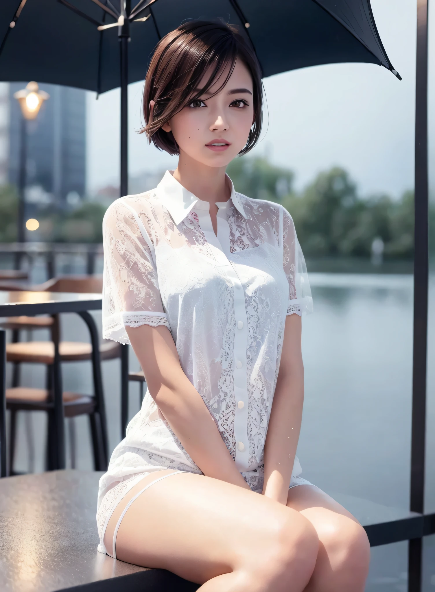 (8k, Best Quality, Masterpiece: 1.2), (Realistic, Photorealistic: 1.37), Super Detailed, 1 Girl, Cute, Alone, Beautiful Detailed Sky, Detailed Cafe, Night, Sitting, Date, ( Nose blush), (smile: 1.15), (close mouth) small breasts, beautiful details, (collared shirt: 1.1), night, wet, business wear, rain, white lace, (short hair: 1.2), floating Hair NovaFrogStyle,