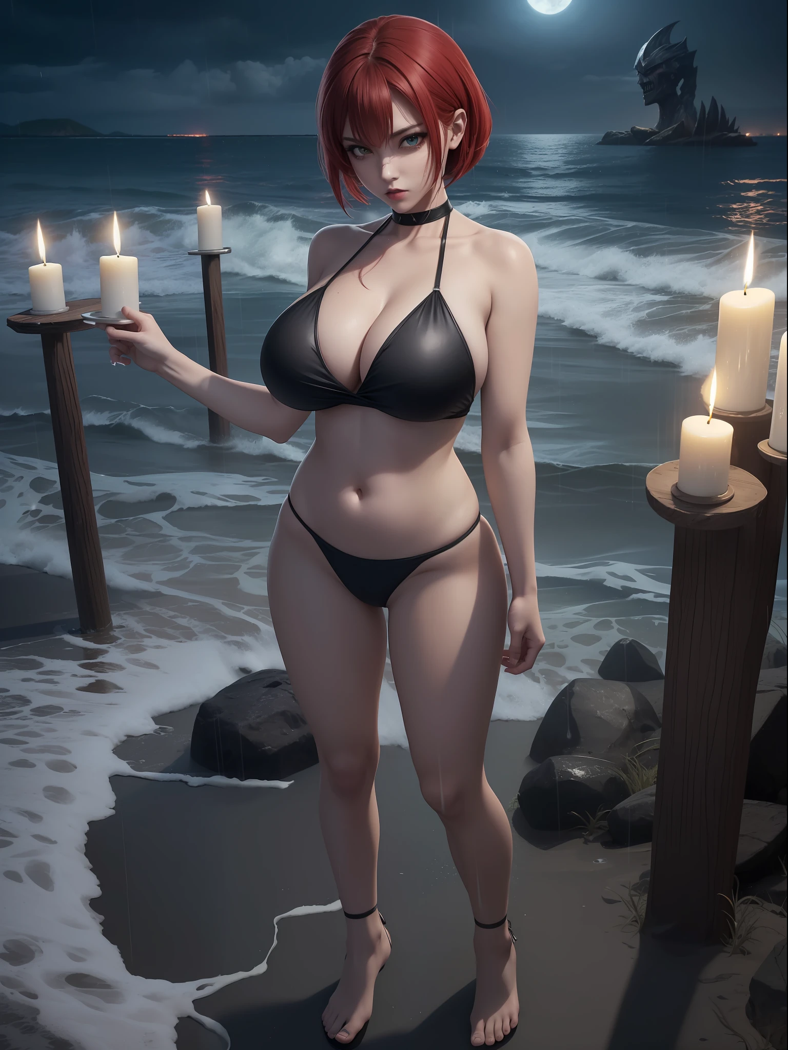 (full body photo/standing/looking at the viewer:1.5), (Woman/Vampire:1.5), (extremely giant breasts:1.8), (wearing white silk thong bikini/extremely small/tight on body/invisible:1.2), (she is on a beach in front of the sea at night raining strong high tide with lit by candles:1.5), (very short red hair:1.3),   (green eyes:1.3), (doing sensual pose:1.5), (body/head/swimsuit/extremely wet:1.4), Anime, Mortal Kombat, Horror, Zombie, 16k, Masterpiece, high resolution, high quality, textured skin,