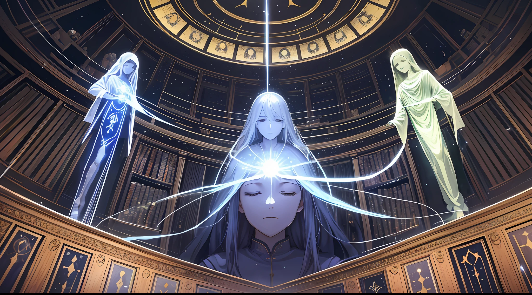 In the image, enlightened spirits illuminating a spiritist meeting with several participants in the room, showing in the image transmission of messages between the spiritual and physical planes, a lot of concentration of the participants and lights of the spirits, flowers and sacred books