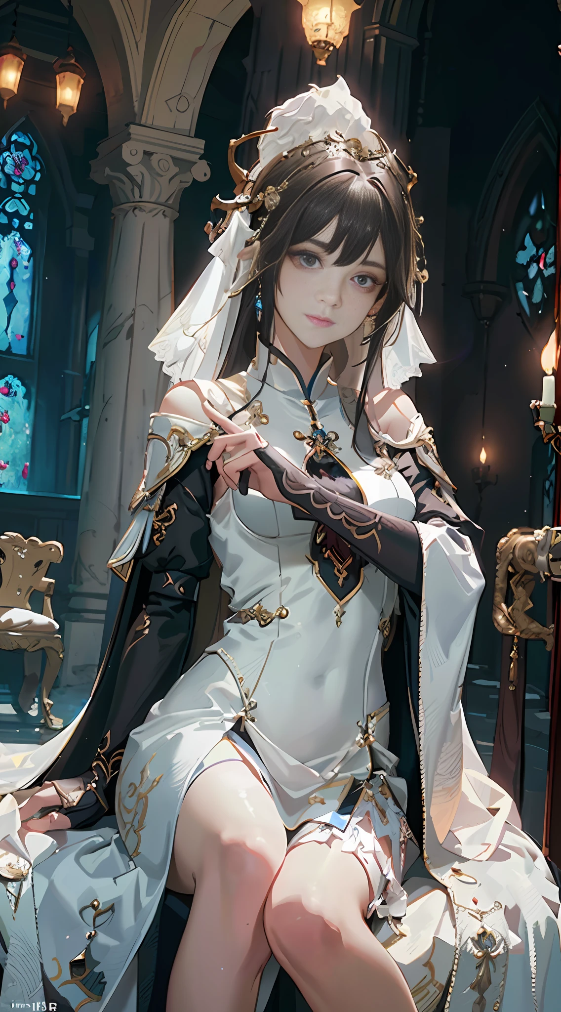 araffe dressed in a white dress sitting on a chair, guweiz, by Yang J, ornate cosplay, ((a beautiful fantasy empress)), guweiz on pixiv artstation, cleric, guweiz on artstation pixiv, a beautiful fantasy empress, full body xianxia, artwork in the style of guweiz, guweiz masterpiece
