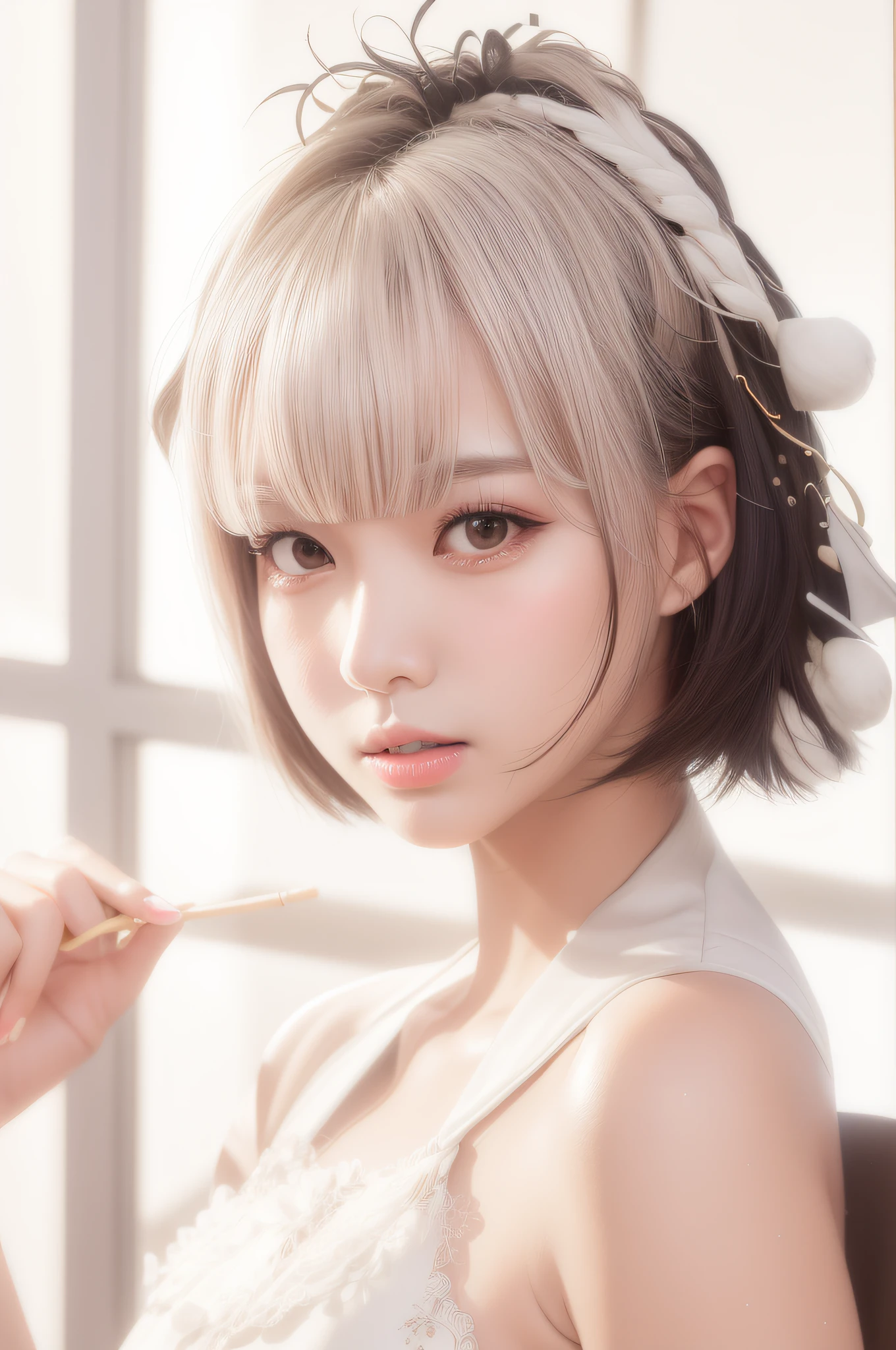 araffe asian woman with a white dress and a white feathery dress, with short hair, young adorable korean face, soft portrait shot 8 k, girl cute-fine-face, young cute wan asian face, portrait of female korean idol, korean girl, neat hair with bangs, beautiful young korean woman, popular south korean makeup, ulzzang, popular korean makeup --auto --s2