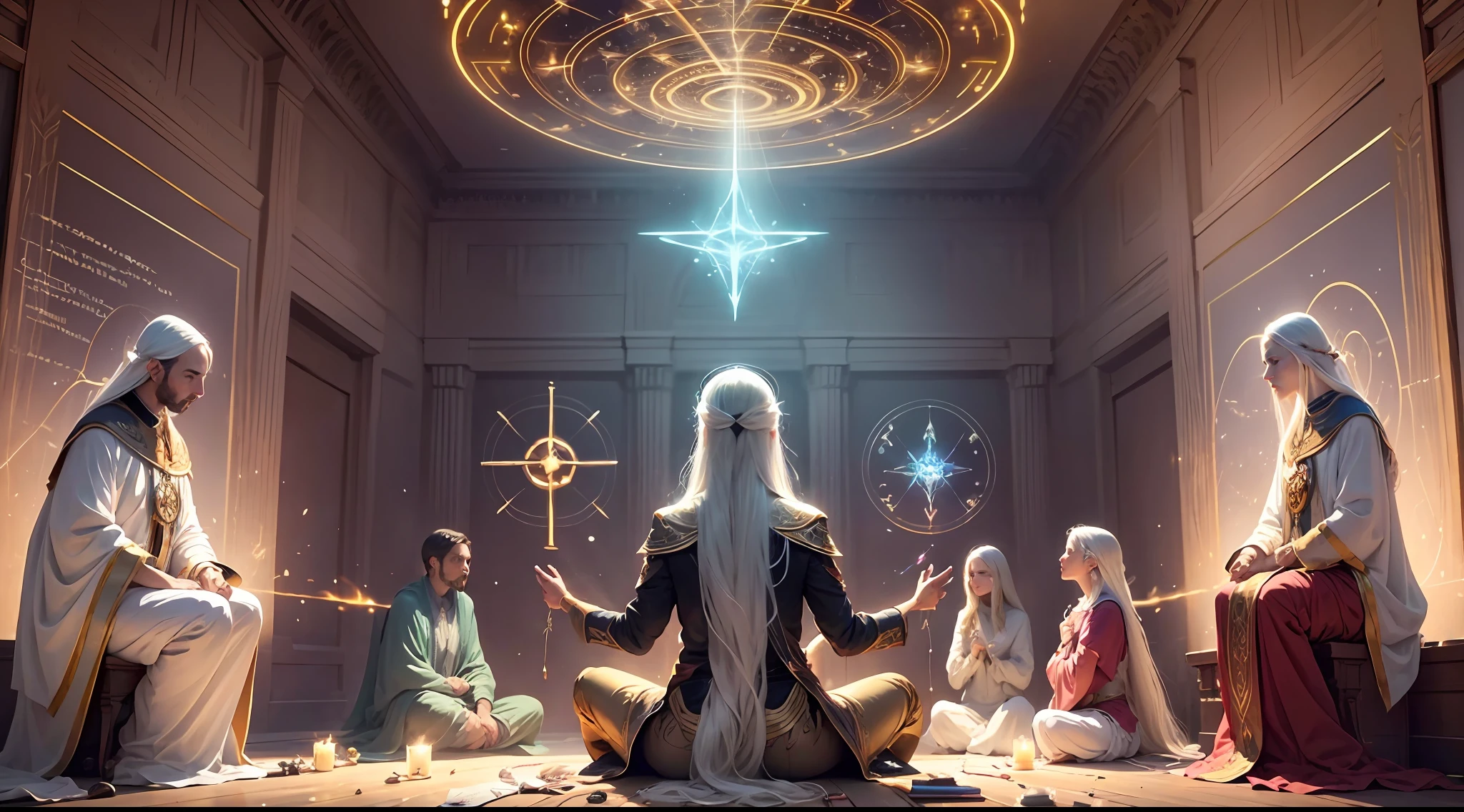 In the image, enlightened spirits illuminating a spiritist meeting with participants in the small room, showing in the image transmission of messages between the spiritual and physical planes, a lot of concentration of the participants and lights of the spirits --auto --s2
