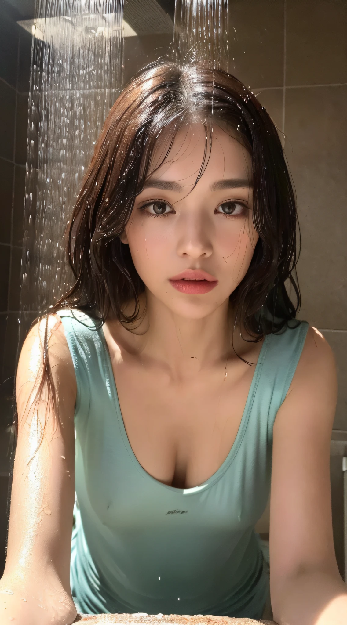 Beautiful handsome woman, (((top quality, 8k, masterpiece: 1.3)), pretty woman, 1 woman, big: 1.3, slender figure: 1.1, elastic dark brown hair, (shower, wet body, wet clothes: 1.1), highly detailed face, detailed lips, detailed eyes, double eyelids, crawling on all fours,