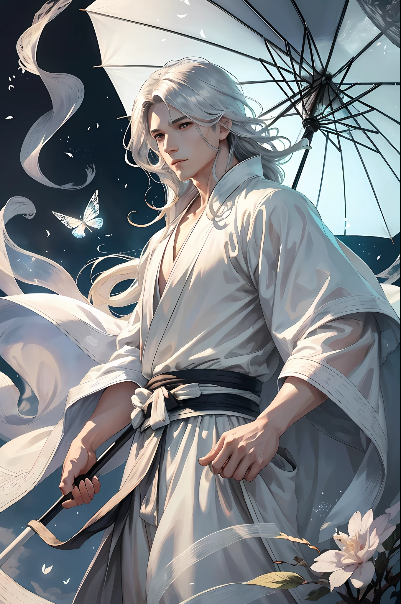 A boy, white Hanfu, long silver hair, delicate eye portrayal, handsome, fairy fluttering, holding a gorgeous umbrella, ancient style, mist, floating, wide robe with large sleeves, dynamic pose, dramatic composition, flying hair