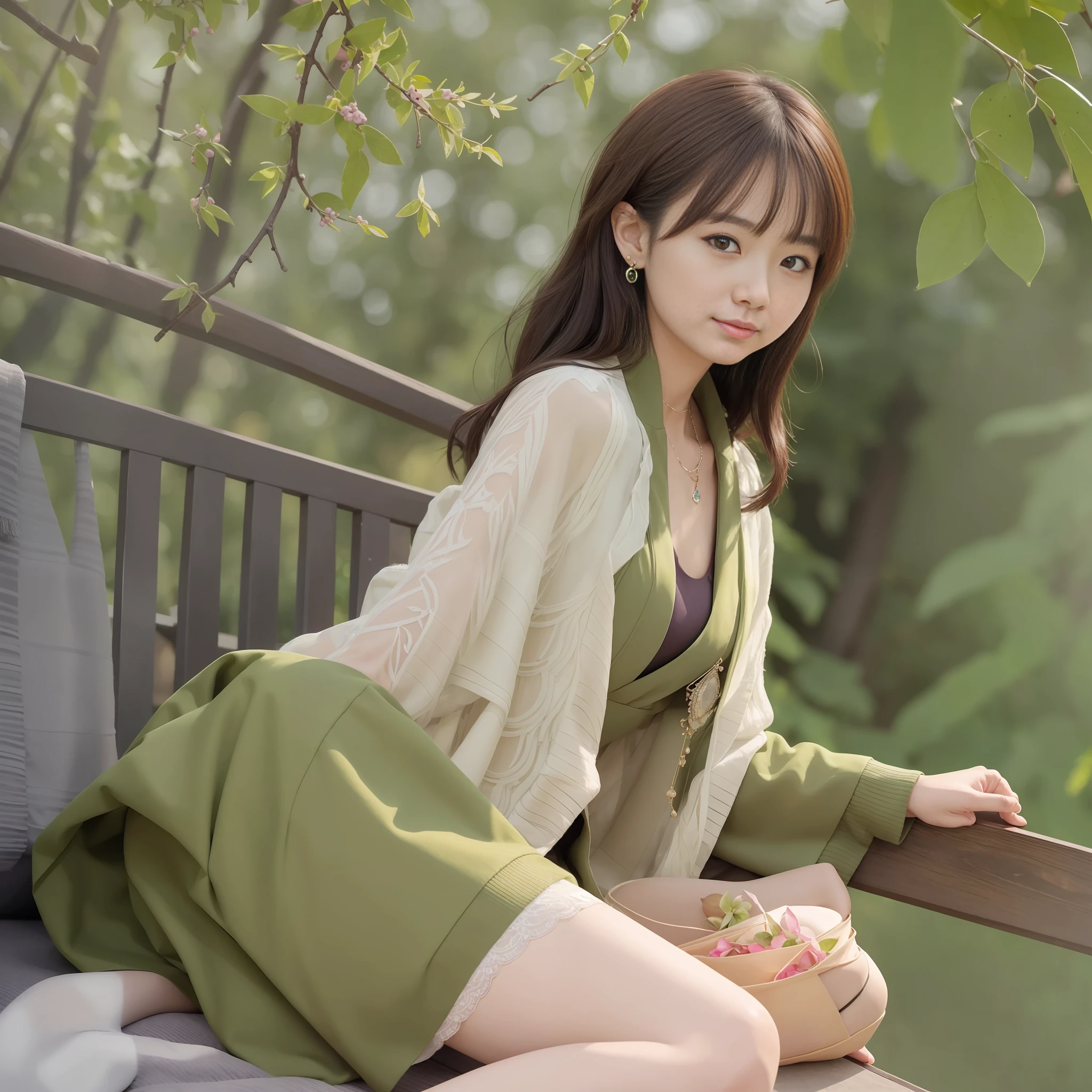Smiling Minchen, Absurd, Mouth Closed, Balanced Eyes, (Best Quality Detail: 1.2), Realistic, 8K HD, Ultra Detailed, High Quality Texture, Complex Detail, Detailed Texture, Fine Detail, High Detail, (Very Detailed CG: 1.38), High Quality Shadows, Detailed Beautiful and Delicate Face, Detailed Beautiful Delicate Eyes, Depth of Field, Ray Tracing, (A Beautiful 25 Year Old Cute Japanese Lady: 1), Small Tits, tall_female, beautiful_ legs, glowing eyes, blush, perfect petite body, skinny, blurred outdoor background, green ring, yellow elegant shawl, open coat: 1.1, [brown_skirt]:1, stockings and garter: 1.2, Bob cuts hair, cozy living room, sunlight, kneeling on sofa, earrings, necklace, model, looking at the audience, dynamic pose, earrings, necklace, model, looking at the audience, from the side, dynamic pose, front,