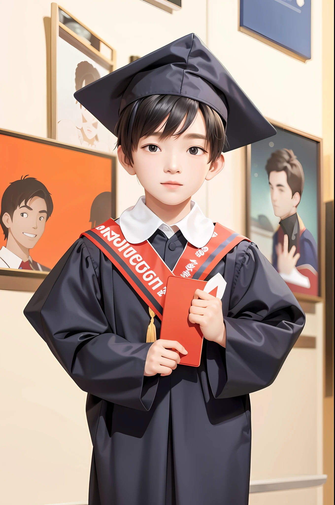 Boy in graduation gown holding diploma and wearing academic gown, the illustration is HD illustration in 4K resolution with very detailed facial features and cartoon-style visuals.