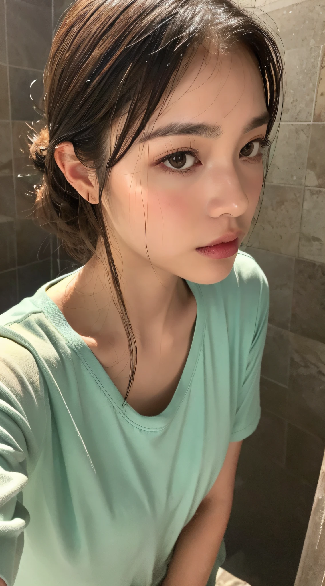 Beautiful handsome woman, ((top quality, 8k, masterpiece: 1.3)), pretty woman, 1 woman, big: 1.3, slender figure: 1.1, elastic dark brown hair, (shower, wet body, wet clothes: 1.1), very detailed face, detailed lips, detailed eyes, double eyelids, on all fours, with a sluggish