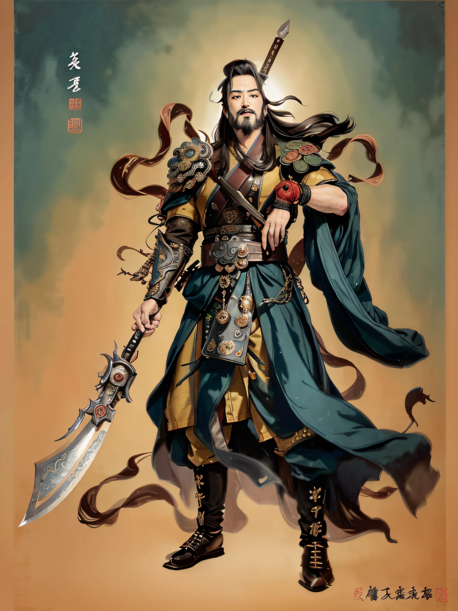 a close up of a painting of a man with a sword, guan yu, inspired by Hu Zaobin, inspired by Huang Shen, inspired by Li Cheng, bian lian, inspired by Wu Bin, inspired by Huang Ding, chinese warrior, chinese mythology, ancient china art style, inspired by Wu Daozi, inspired by Guan Daosheng