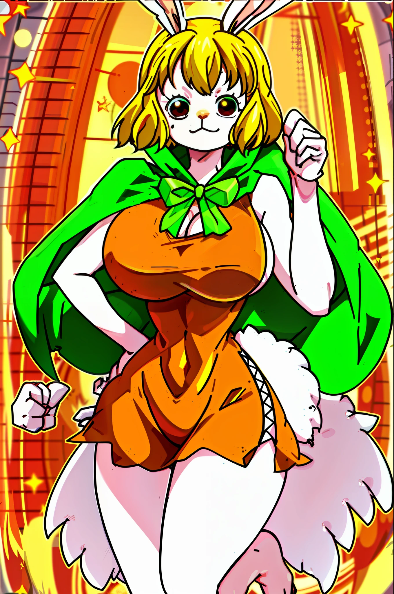 carrot_\(one_piece\), white_skin, 1girl, rabbit_girl, solo, standing, (huge massive breasts), (sideless_outfit:1.3), (sideboob), (cross-laced_top), orange_dress, short_dress, cleavage, cape, gloves, bare_legs,
embarrassed, smile, brown_eyes, yellow_hair, short_hair, rabbit_tail, rabbit_ears, green_bowtie,
forest, NAKED