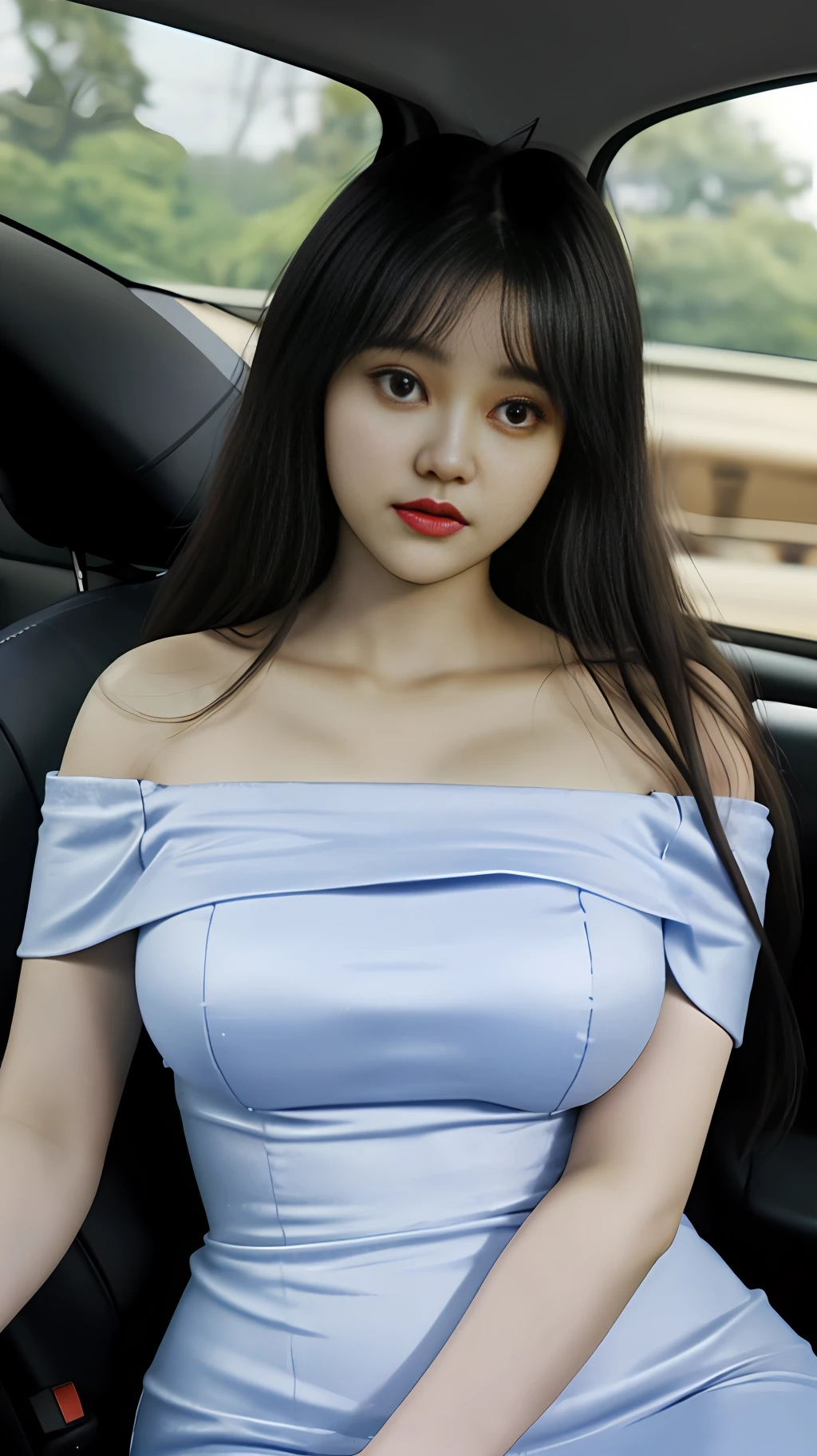 Aravi woman in car, sexy, light dress, tight dress, off-the-shoulder, 2 2 years old, thicc, she is about 26 years old, real hands, female fingers, height 170 cm, Korean, delicate face, realistic, Japanese goddess, light yellow light, very large breasts