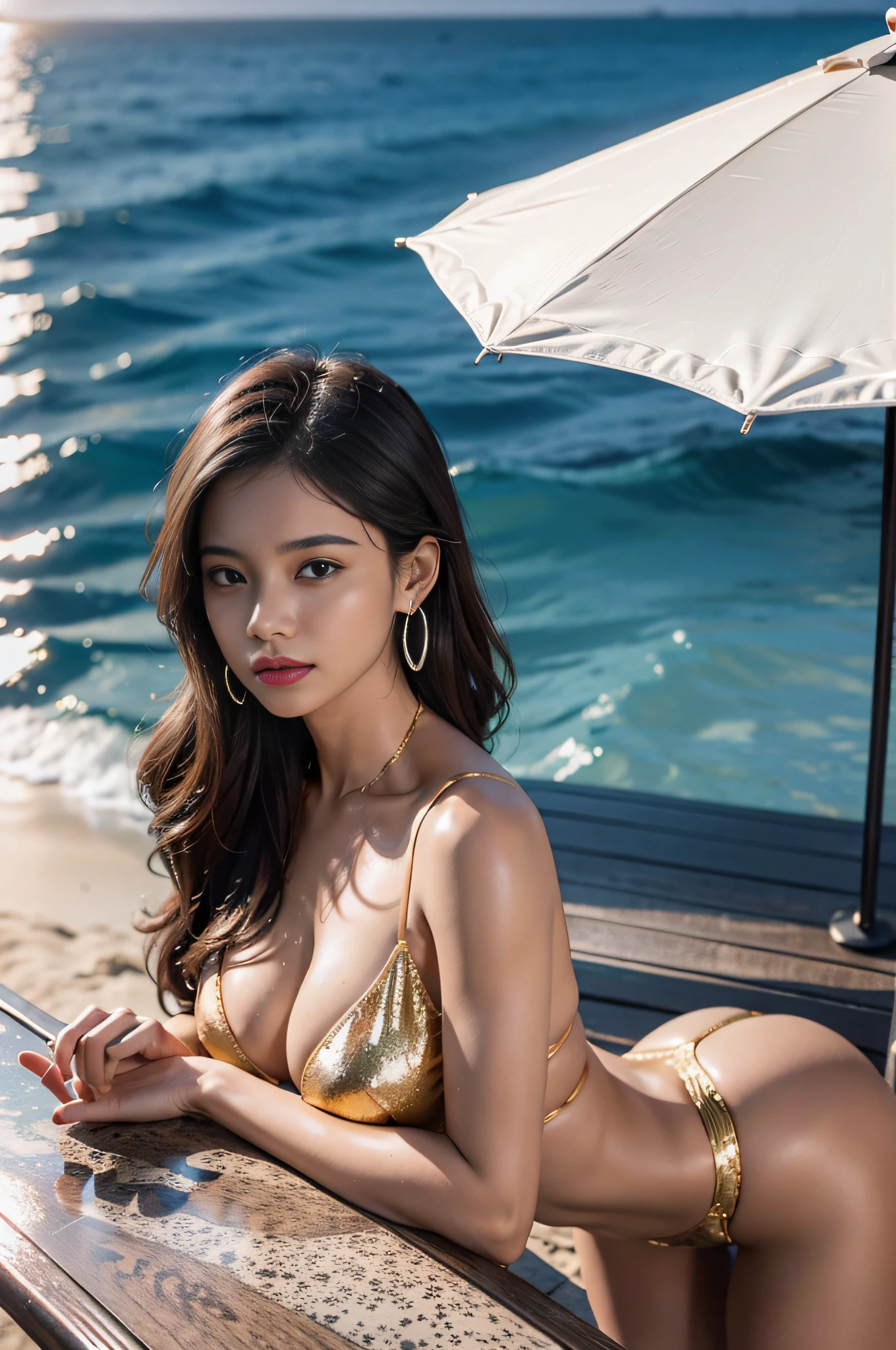 Female fashion model sitting on chair in sea villa in Maldives, beautiful sunset sea of maldives, boldly open legs: 7, attractive woman around 20 years old that everyone looks back at: 5, gorgeous bikini rimmed with gold: 6, gorgeous earrings, light brown long hair fluttering in the wind: 3, 9 beautiful woman with perfect body shape with a head body, photorealistic perfect body line, slim figureSexy bumps on big breasts, chest with bumps, emphasizing cleavage, very cute little devil smile: 9, dazzling sunlight, UHD, retina, masterpiece, anatomically correct, ccurate, textured skin, ultra detail, high image quality, high detail, award-winning, highest quality, high resolution, 16K, realism, ray tracing, shot from above, f2.0, 35mm, sony fe