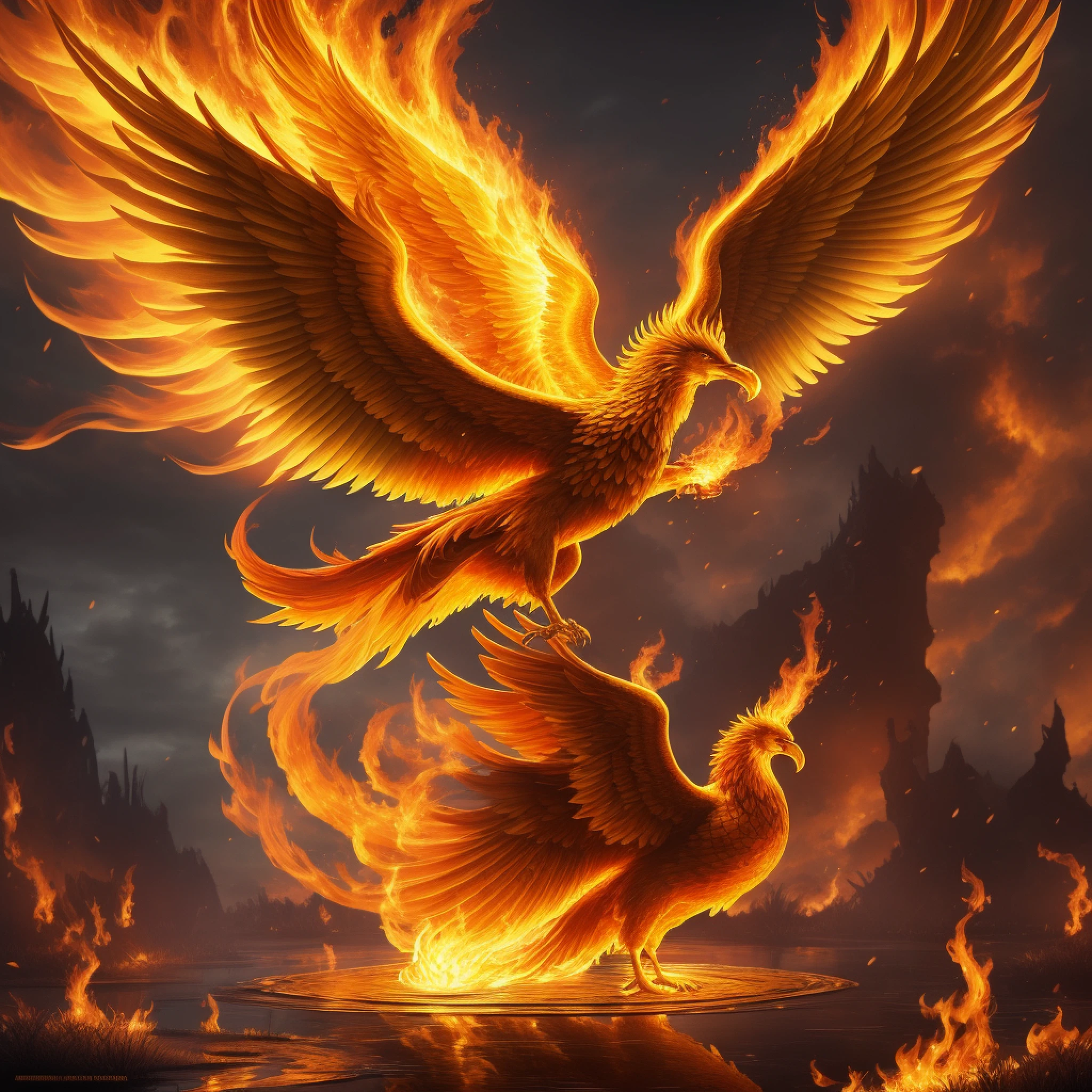 A flaming golden phoenix flying in a swamp, 4K