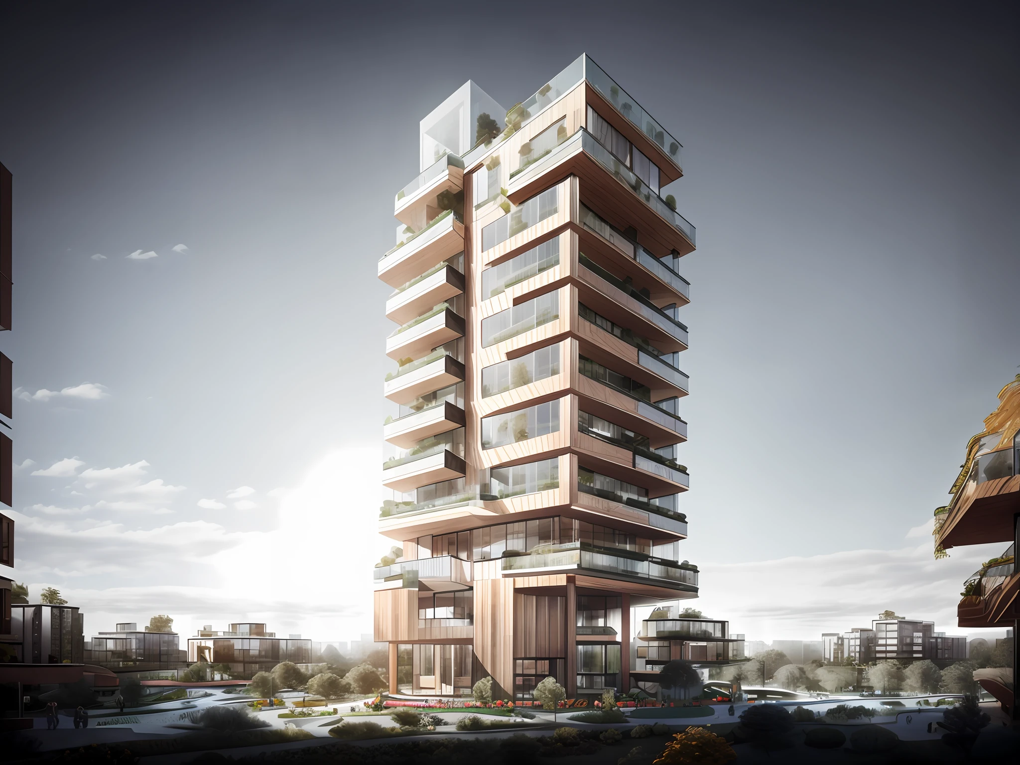 MINIMALIS, Amazing Realistic modern condominium tower in Germany with big overhang balcony and tress, Realistic black asphalt street and cars, city street with human and cars, contemporary Singapore apartment, condominium tower with overhang and cutout balcony, cutout balcony with plants and trees,a modern condominium tower with balcony cutout, glass curtain wall, shopping mall in the bottom, beautiful photo, Realistic render, edge and line enhance, shapener, octane render, ray tracing, 16k, ultra HD, Amazing beautiful modern condominium, perspective view, architectural scene, concrete structure exterior, 2 point perspective view, architectural photography, highrise condominium, Kengo Kuma, green balcony, cityscape in background, ray tracing, striped arrangements, wide angle, cloud, tree, skyscraper, blue sky, city, real world location (Image Sharpener:0.7) brutalism,brick wall,red brick,lattice facade,public building, building, house, outdoors, day,best quality, realistic, photorealistic,ultra detailed,16K,High quality texture,intricate details,detailed texture,finely detailed,photo of building , pixels perfect, sharpen edge, edges sharpener --auto --s2