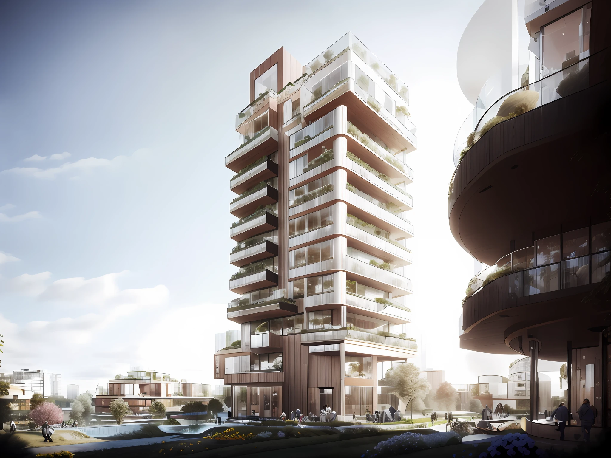 MINIMALIS, Amazing Realistic modern condominium tower in Germany with big overhang balcony and tress, Realistic black asphalt street and cars, city street with human and cars, contemporary Singapore apartment, condominium tower with overhang and cutout balcony, cutout balcony with plants and trees,a modern condominium tower with balcony cutout, glass curtain wall, shopping mall in the bottom, beautiful photo, Realistic render, edge and line enhance, shapener, octane render, ray tracing, 16k, ultra HD, Amazing beautiful modern condominium, perspective view, architectural scene, concrete structure exterior, 2 point perspective view, architectural photography, highrise condominium, Kengo Kuma, green balcony, cityscape in background, ray tracing, striped arrangements, wide angle, cloud, tree, skyscraper, blue sky, city, real world location (Image Sharpener:0.7) brutalism,brick wall,red brick,lattice facade,public building, building, house, outdoors, day,best quality, realistic, photorealistic,ultra detailed,16K,High quality texture,intricate details,detailed texture,finely detailed,photo of building , pixels perfect, sharpen edge, edges sharpener --auto --s2