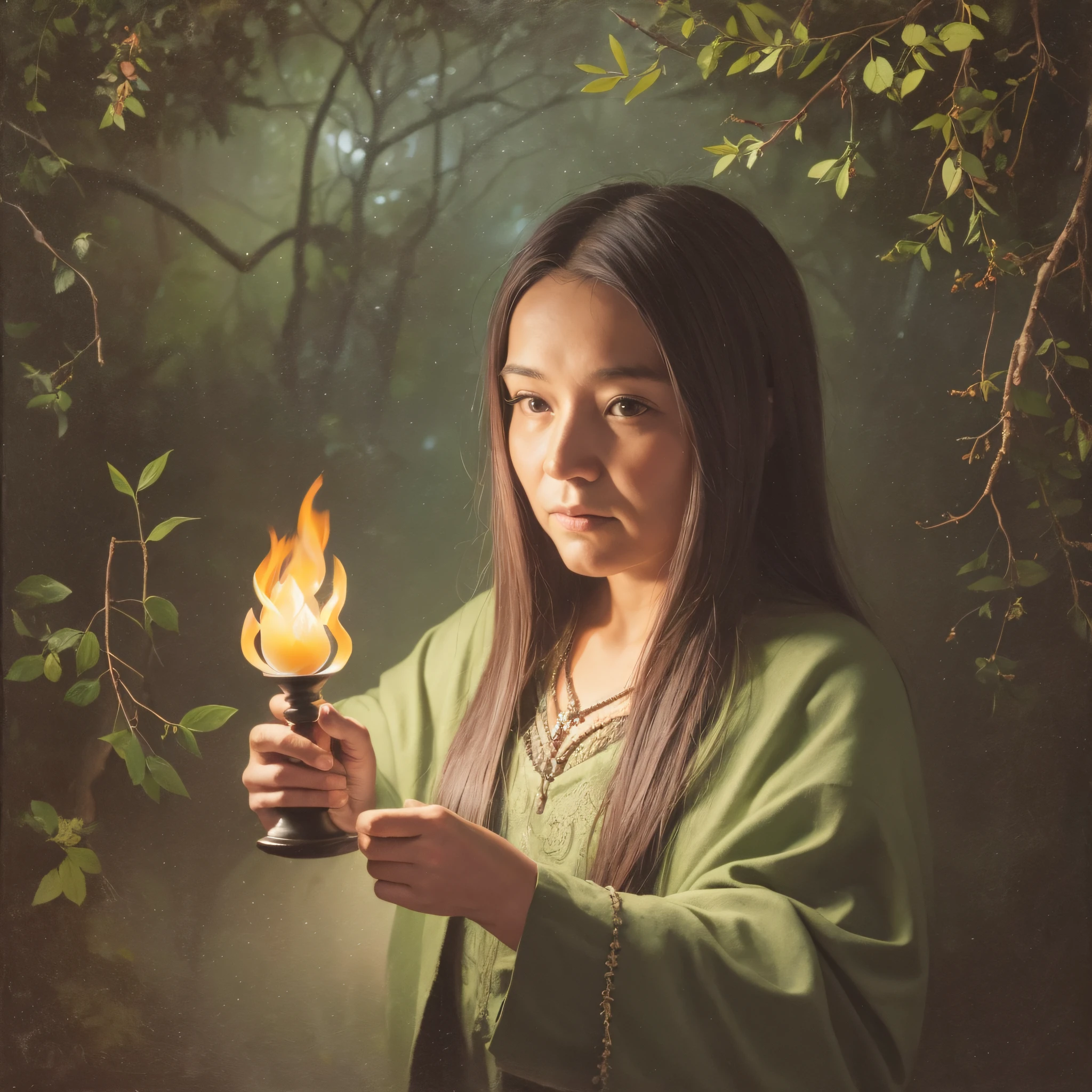 old, healer, Latin, in the dark forest, holding a lit candle to light the way, oil painting, --auto --s2