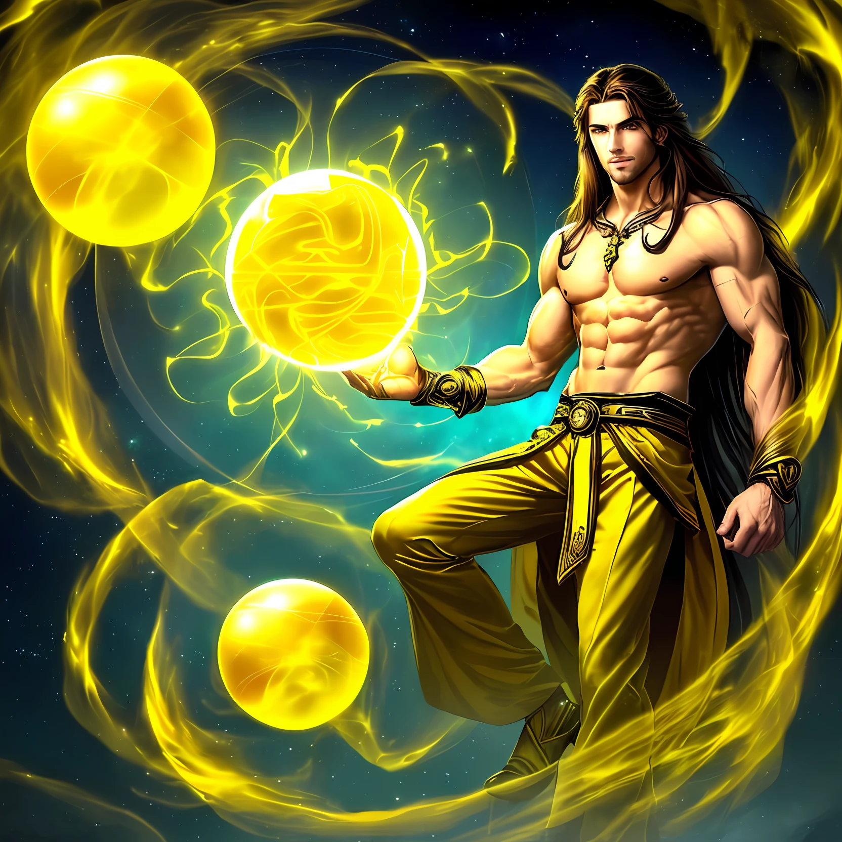 ((handsome man), (long hair), (sculpted body), (god of beauty)), ((two-story laboratory), (floating), (yellow glow emanating from a sphere in his hand)) the energy of sphere begins to enter inside the man's arm, his arm glows with yellow rays