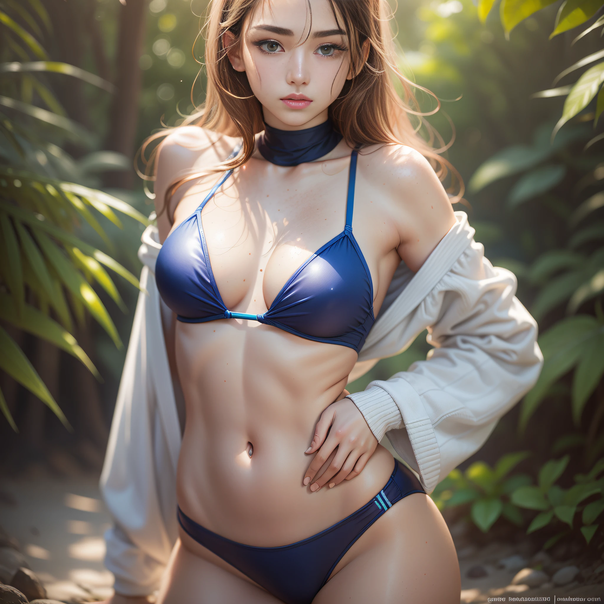 k, RAW photo, top quality, masterpiece: 1.2), (realistic, photorealistic: 1.37), 1 girl, Japan person, very beautiful face, freckled face, 18 years old, female, glossy body, professional lighting, photon mapping, radiosity, big, frugal, thin lashes, pink lip, slender, crotch, big, blue swimsuit