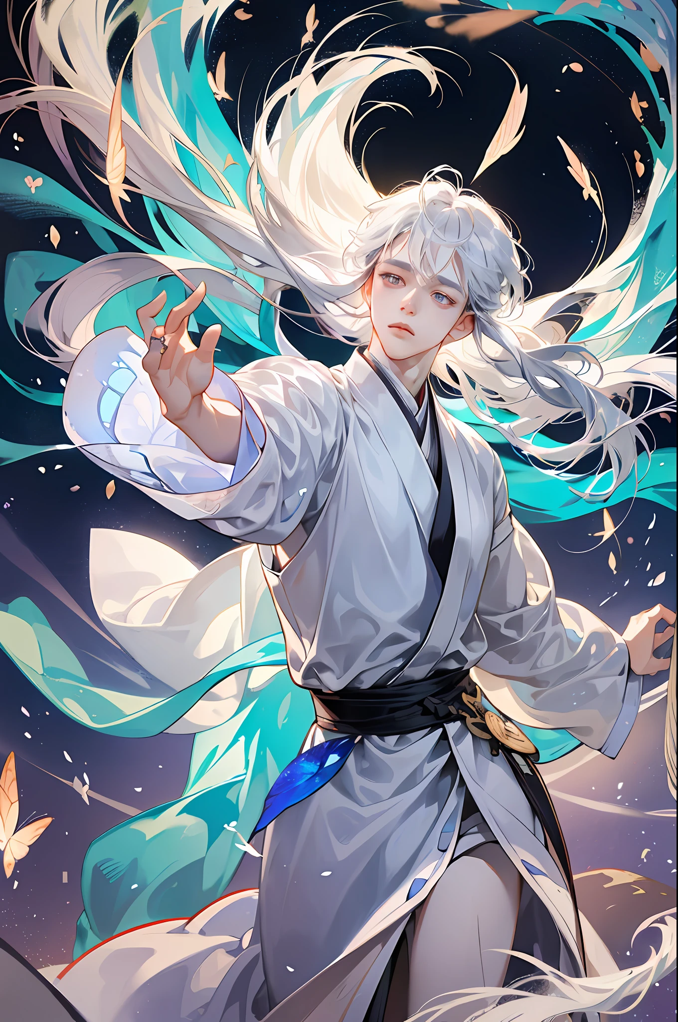 A boy, white Hanfu, long silver hair, delicate eye portrayal, handsome, fairy fluttering, ancient style, mist, floating, wide robe with large sleeves, dynamic pose, dramatic composition, fluttering hair, butterfly, extreme detail, high resolution, vivid expression, dancing pose, opal-like eyes