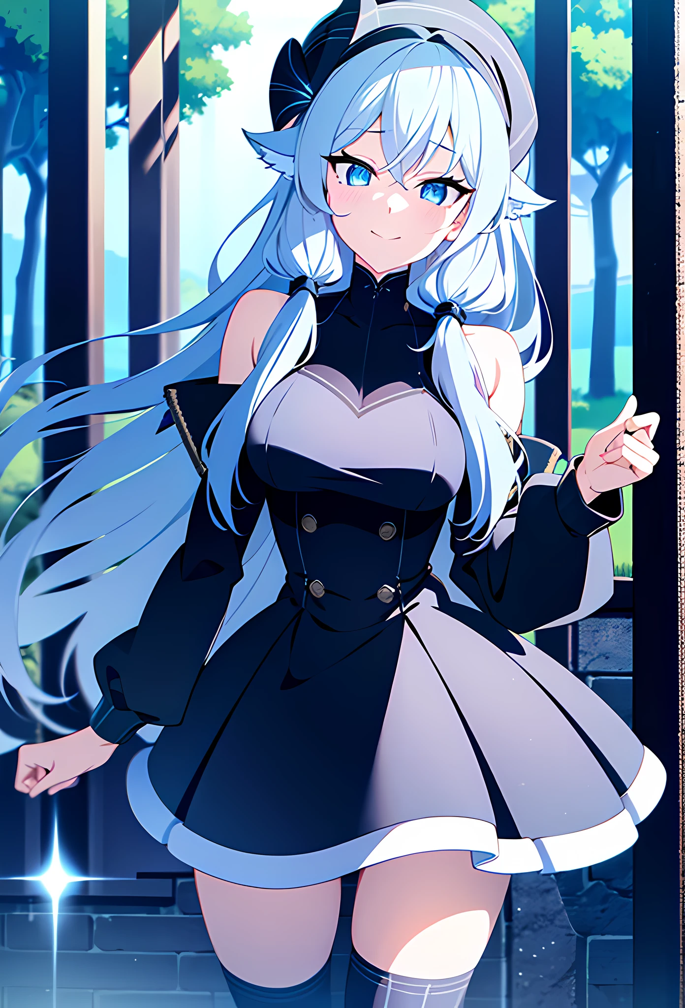 {{masterpiece, extremely detailed, 8K, absurdres, high quality shadowing}}, best quality, {solo}, {{{extremely detailed girl, perfect anatomy, perfect body}}}, {slim waist}, {slim legs}, {{high school girl}} {{{{detailed fingers}}}}, {{{detailed legs}}}, {{{{extremely detailed shoulder length silver white to ice blue hair}}}}, {{{luscious curly braided hair}}}, cat ears, {{black inner cat ear flaps}}, {{{extremely detailed eyes}}}, {{{{sharp black cat eyes iris}}}}, {{{{black to ice blue eyes}}}}, {{{{vibrant eye colors}}}}, {{{blushing}}}, {{cute shy smile expression}}, date clothes, {{{detailed silver beret}}} {{{detailed silver blue tight knitted fleece sweater}}}, {{{detailed short white stripe skirt}}}, {{{detailed white knitted knee warmers}}}, {{{detailed shoes}}}, {{walking on a path next to a lake surrounded by glowing trees during a starry night with a full moon shining above and reflecting of the lake next to the path}}