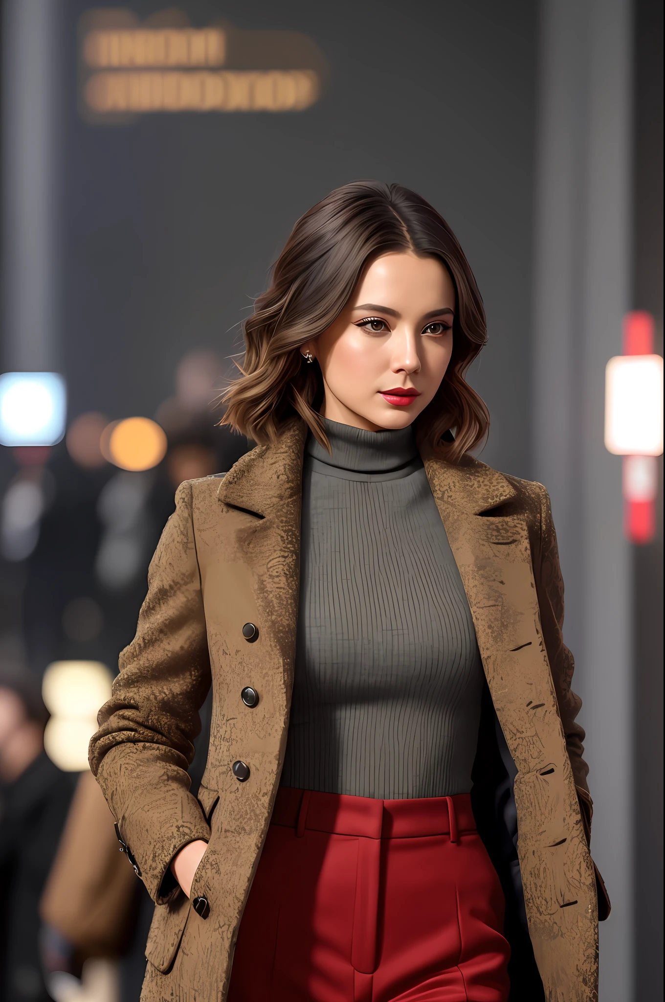 photo of (4nn4t4tu:0.99), a woman as a movie star, modelshoot style, (extremely detailed CG unity 8k wallpaper), photo of the most beautiful artwork in the world, professional majestic oil painting by Ed Blinkey, Atey Ghailan, Studio Ghibli, by Jeremy Mann, Greg Manchess, Antonio Moro, trending on ArtStation, trending on CGSociety, Intricate, High Detail, Sharp focus, dramatic, photorealistic painting art by midjourney and greg rutkowski, (long brown coat), (turtleneck), ((comicon event)), (trousers), ((standing on the red carpet)), ((paparazzi in the background)), (looking at viewer), (detailed pupils:1.3), (modern outfit:1.2), (closeup), red lips, (eye shadow)