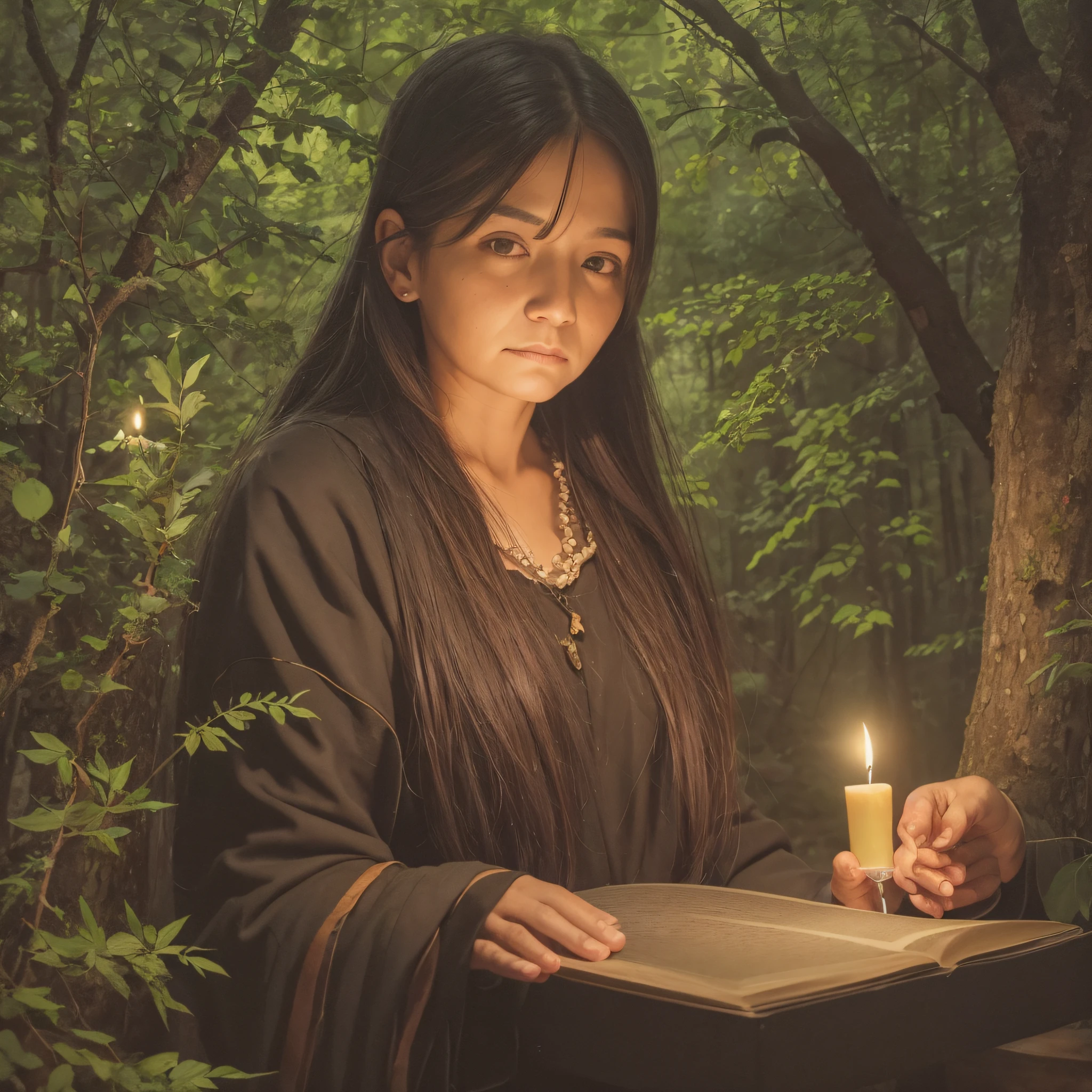 old, healer, Latin, in the dark forest, holding a lit candle to light the way, oil painting, --auto --s2