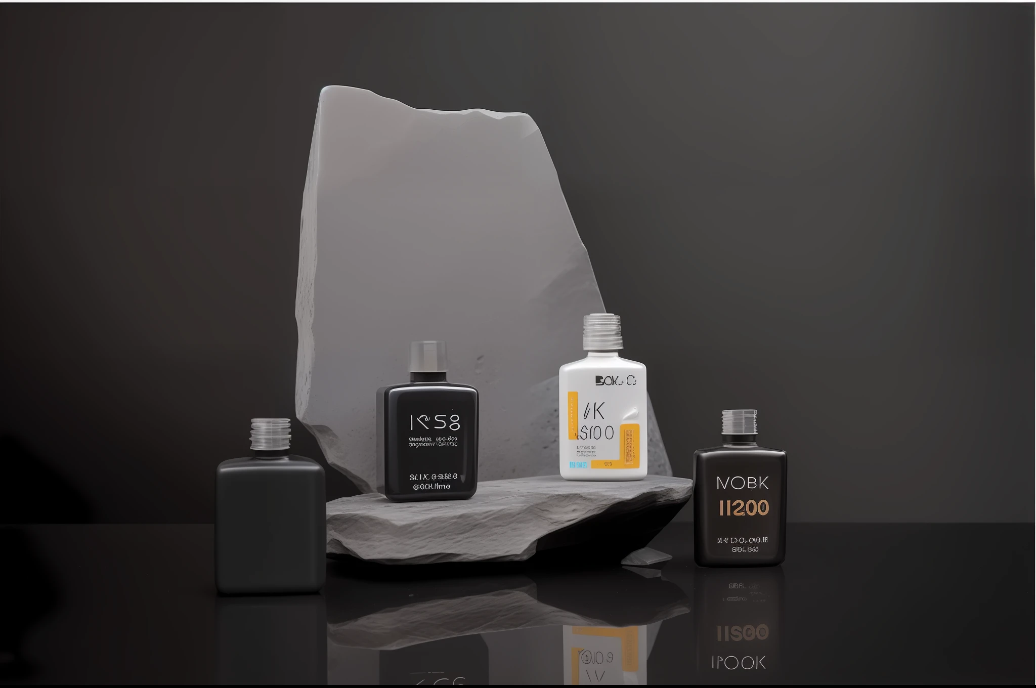 There are two bottles of nail polish sitting next to the rock, miniature product photos, product photography, product shooting, dramatic product photography, dark color product photos, commercial product photography, detailed product photos, high quality product photography, dramatic product shooting, professional product photography, professional product photography, studio product photography, 40K, 4 0 K, product photography 4K --auto --s2