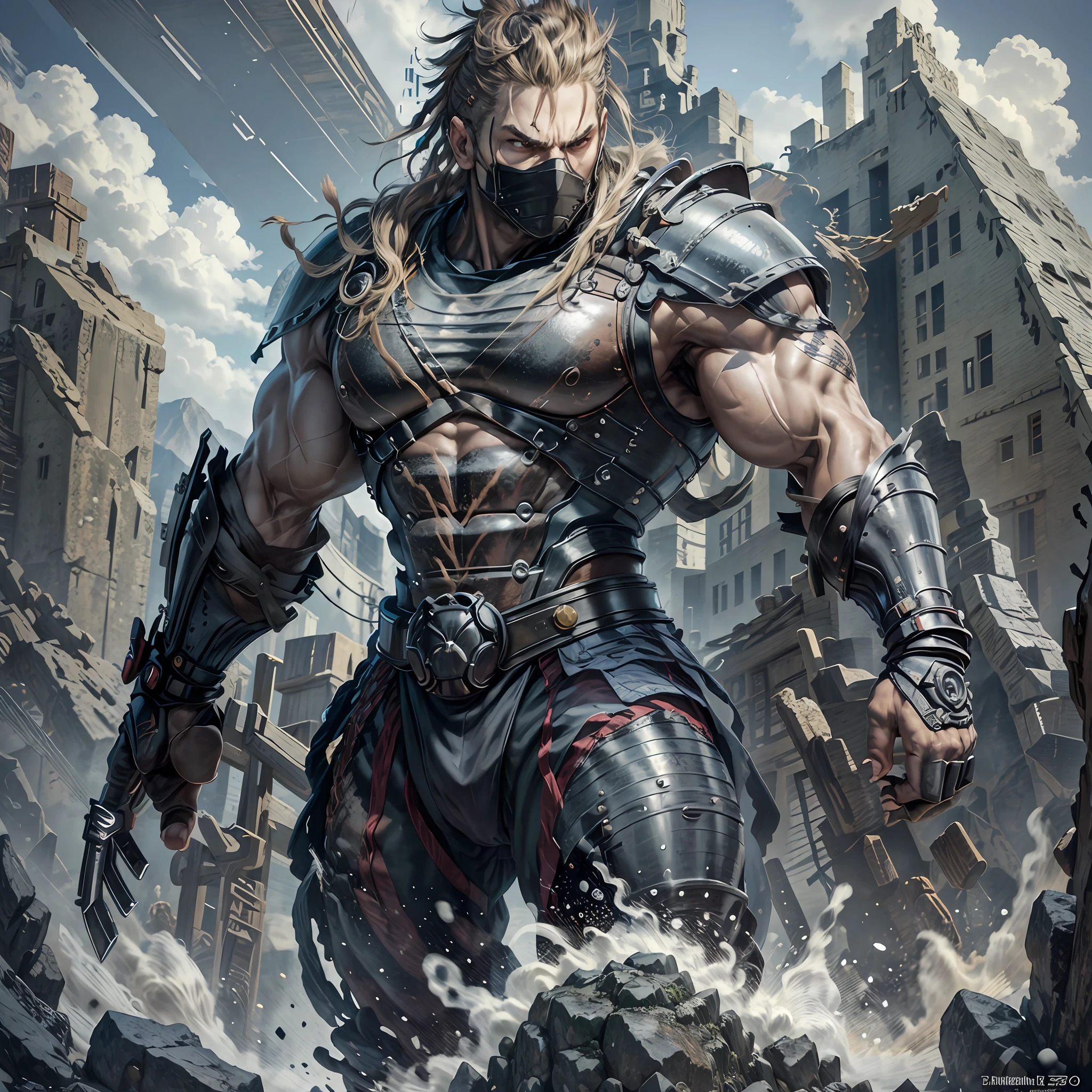 Man 25 years, athletic body, detailed biceps and triceps, jaw with black mask, thick aesthetic neck, beautiful big eyes, samurai hair, strong forearm, defined abdomen, large pectoral, angry look, legs armored by black technological suit, large legs defined, high quality, warrior, full body vision, mountains background, 4k, extremely detailed, Unreal Energy 5. --auto --s2