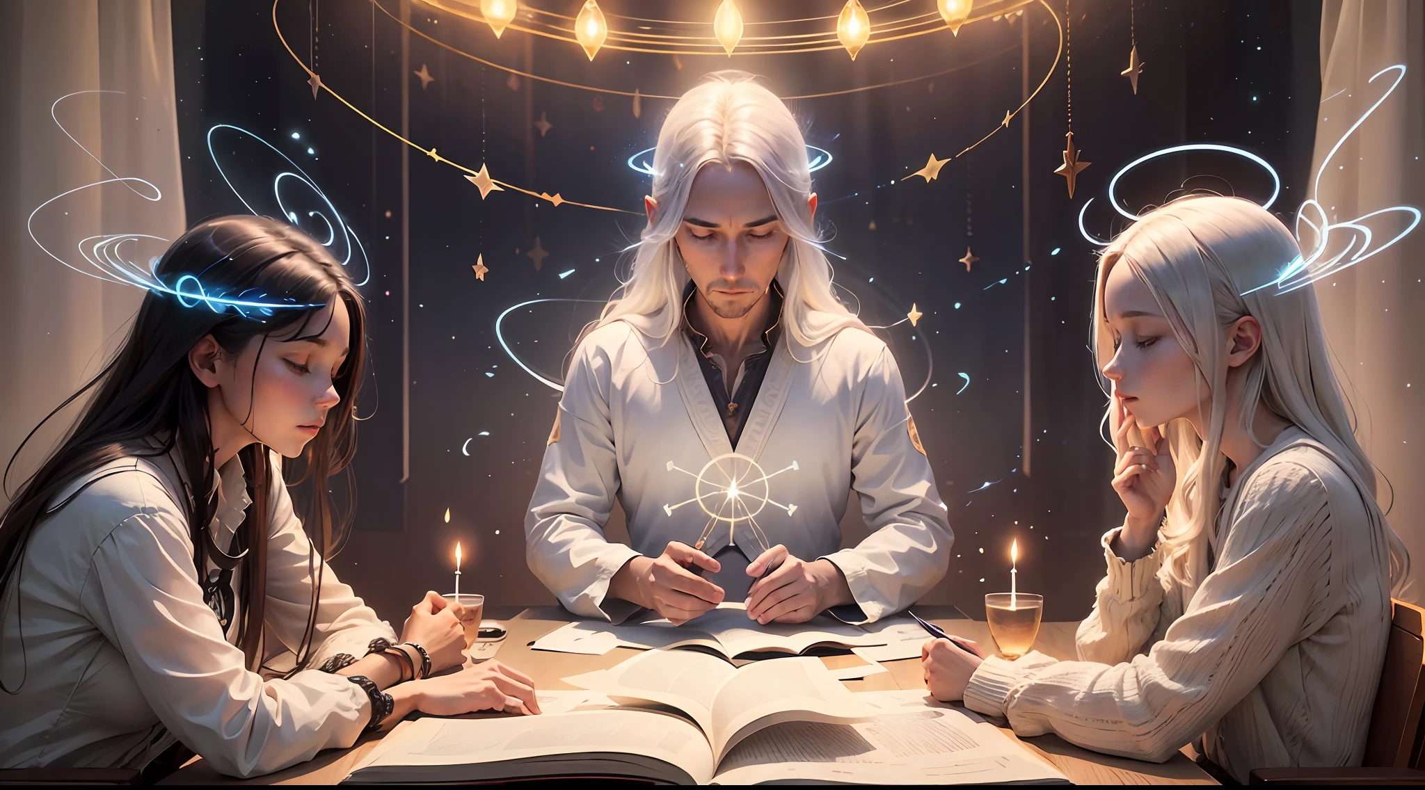 In the image, enlightened spirits illuminating a spiritist meeting with participants in the small room, showing in the image transmission of messages between the spiritual and physical planes, a lot of concentration of the participants and lights of the spirits --auto --s2