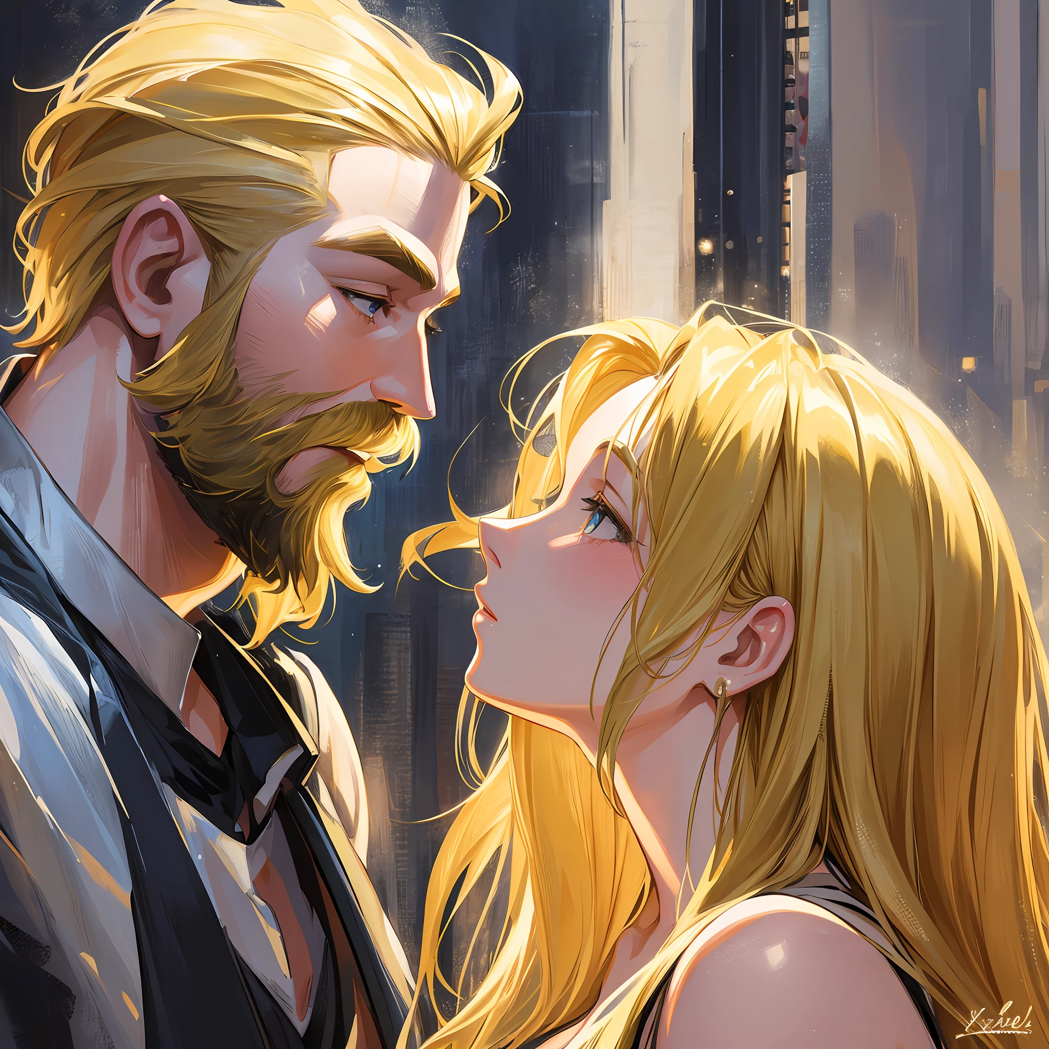 Block painting depicting a gorgeous young woman with blonde hair kissing a bearded blonde young man in Paris, posed character portrait design study, backlit, light rays, highly detailed, hyperrealistic trend --auto --s2