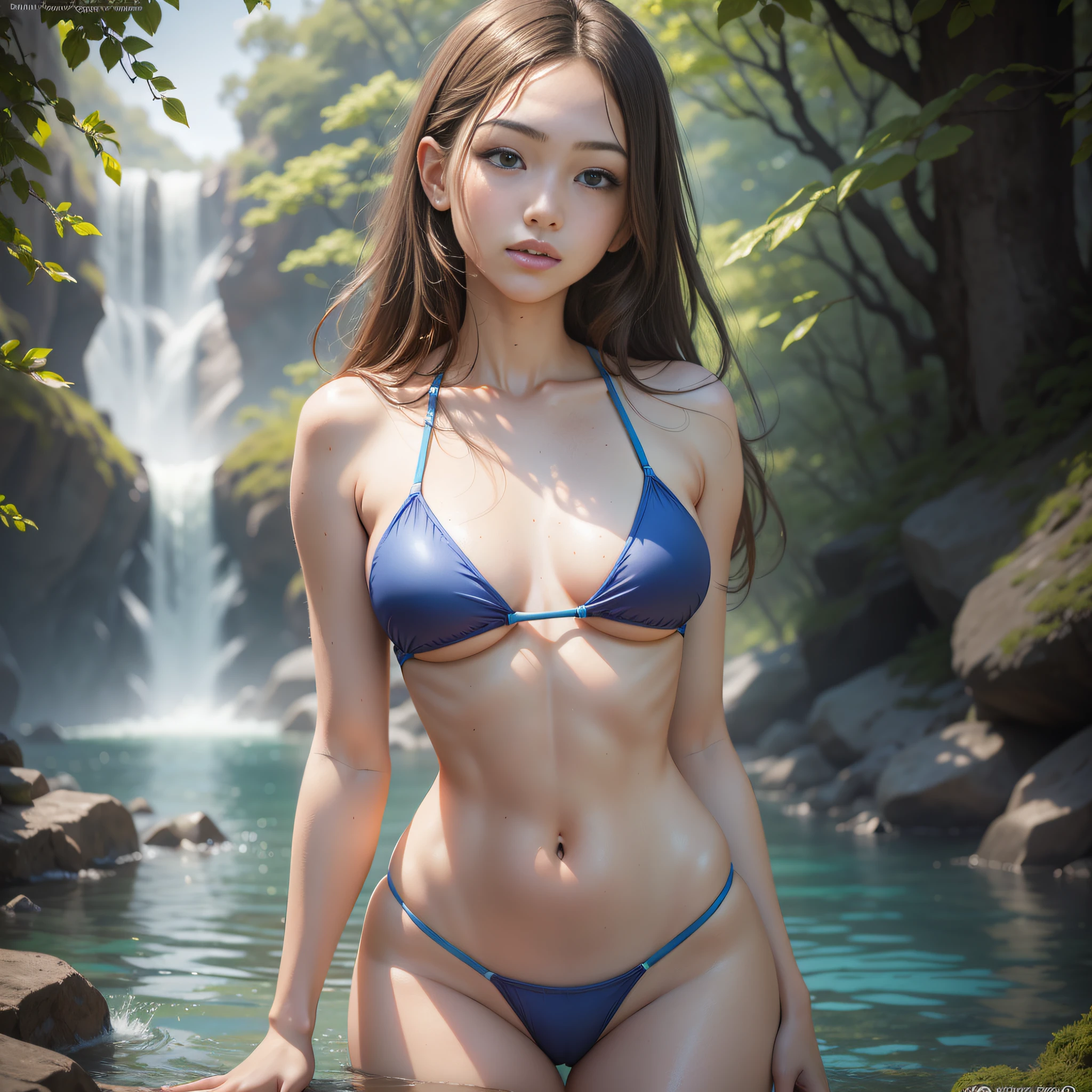 k, RAW photo, top quality, masterpiece: 1.2), (realistic, photorealistic: 1.37), 1 girl, Japan person, very beautiful face, freckled face, 18 years old, female, glossy body, professional lighting, photon mapping, radiosity, big, frugal, thin lashes, pink lip, slender, crotch, big, blue swimsuit