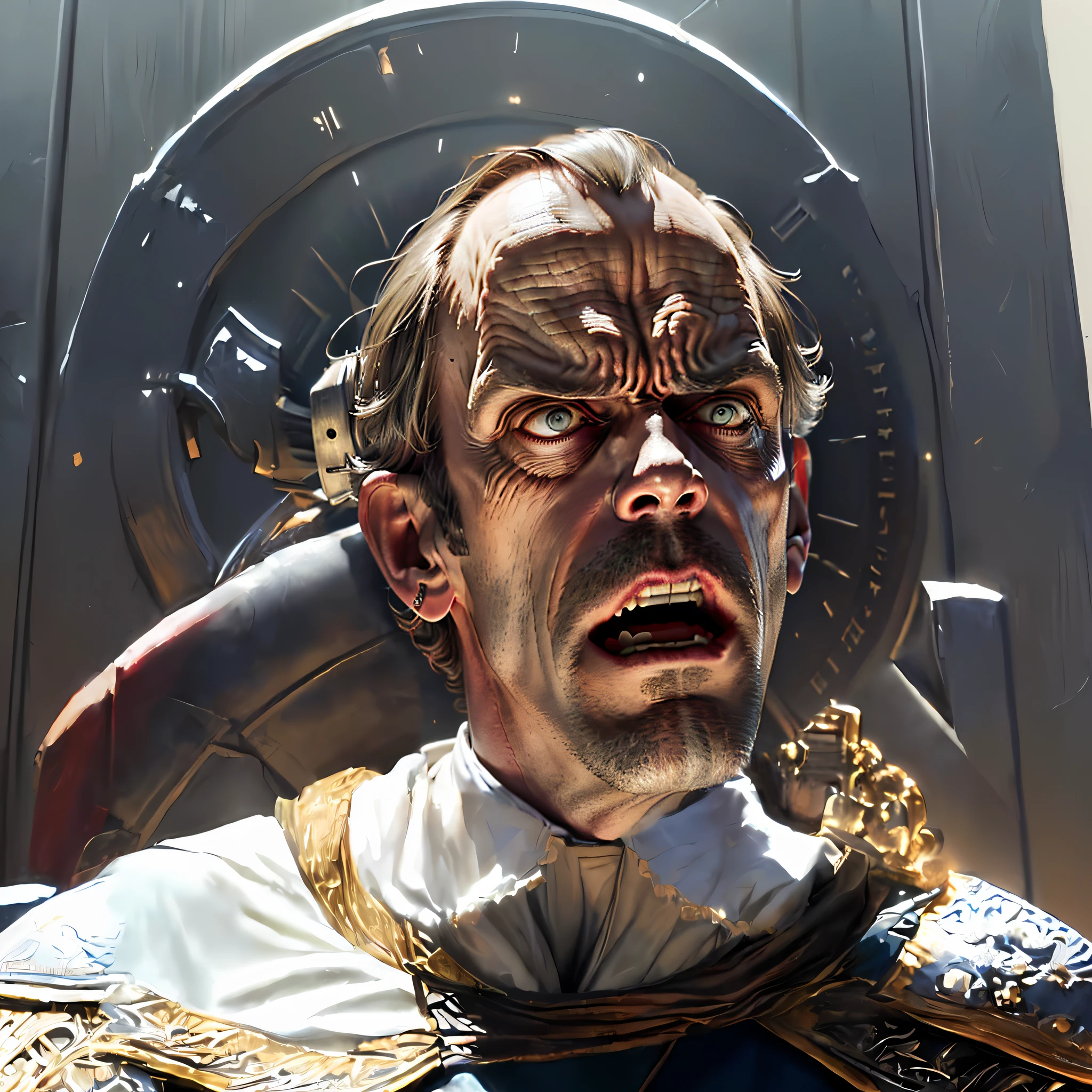 Angry (((Hugh Laurie))) , (((dressed in biblical times clothes))), smug evil looking Hugh Laurie, (hugh laurie with white biblical clothes), (Hugh Laurie), (raging), (screaming), (((facing right)))