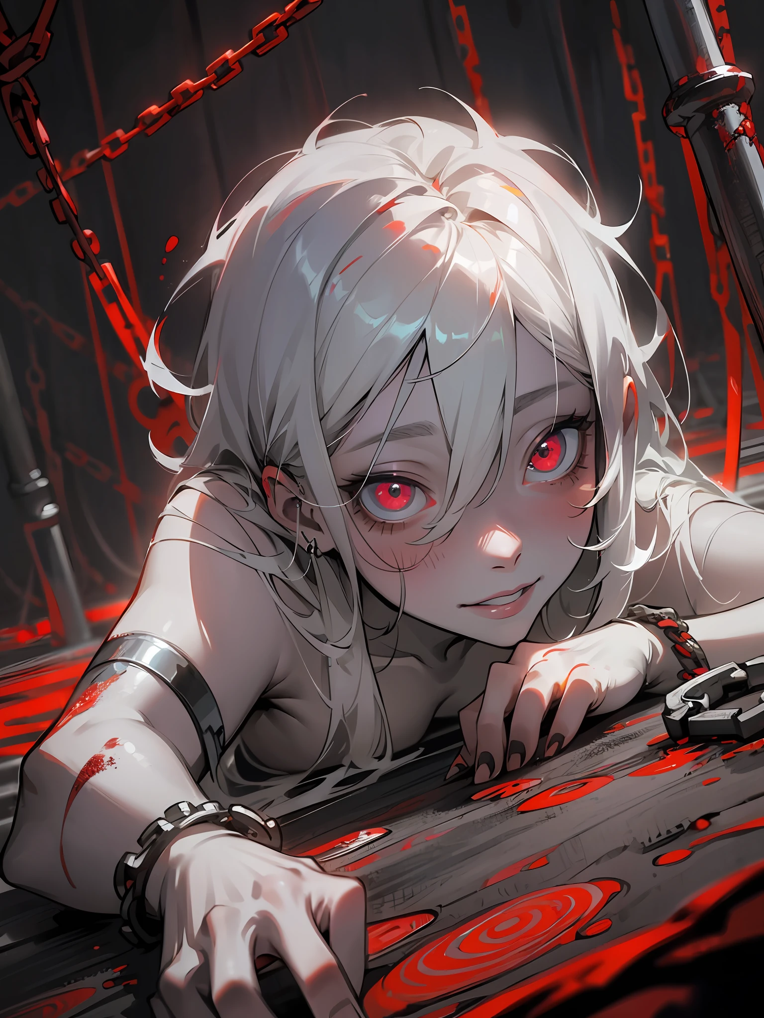 masterpiece, best quality, 1 girl, supine, lying face down on the floor, pale skin, messy hair, red eyes, glowing eyes, creepy, creepy smile, crazy expression, blood on face, blood on clothes, naked, creepy, scary, blood, horror, light particles, night, iron bracelets with chains