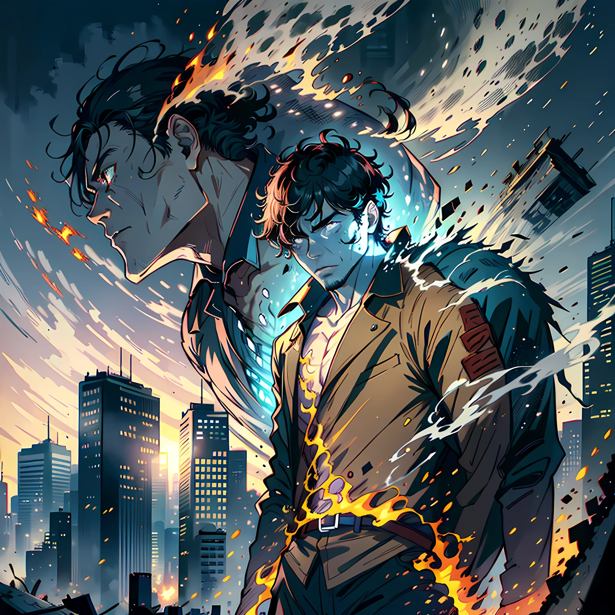 A handsome boy stands up, short black hair, face super detailed, about to turn into a zombie, front, collapsed buildings, rubble, fire +, billowing smoke, fear +, rollover, night, horror, half moon in the sky, apocalypse, no blood, highly real, UHD, chiaroscuro, super high detail