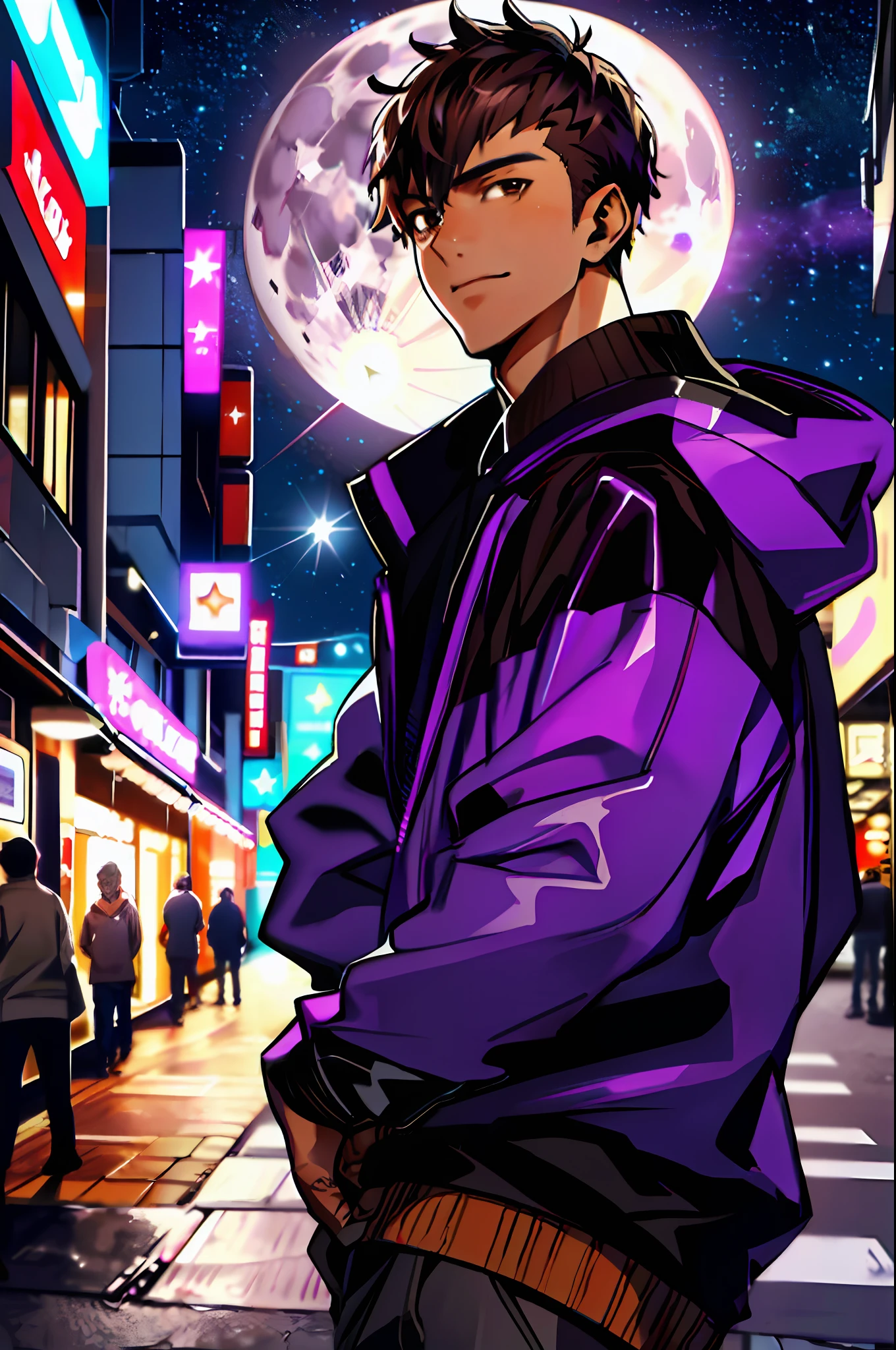 ((17-year-old boy with fair skin)), ((wearing hooded blouse)), (((brown eyes))), looking forward, showing full face, ((cyberpunk night town in the background)), ((starry sky with full moon)), (((modern clothing in blue, black and purple colors))), slight smile on face, realistic shadow, detailed shadow, realistic light, detailed light, contour light, pixiv, artstation, super-detailed,