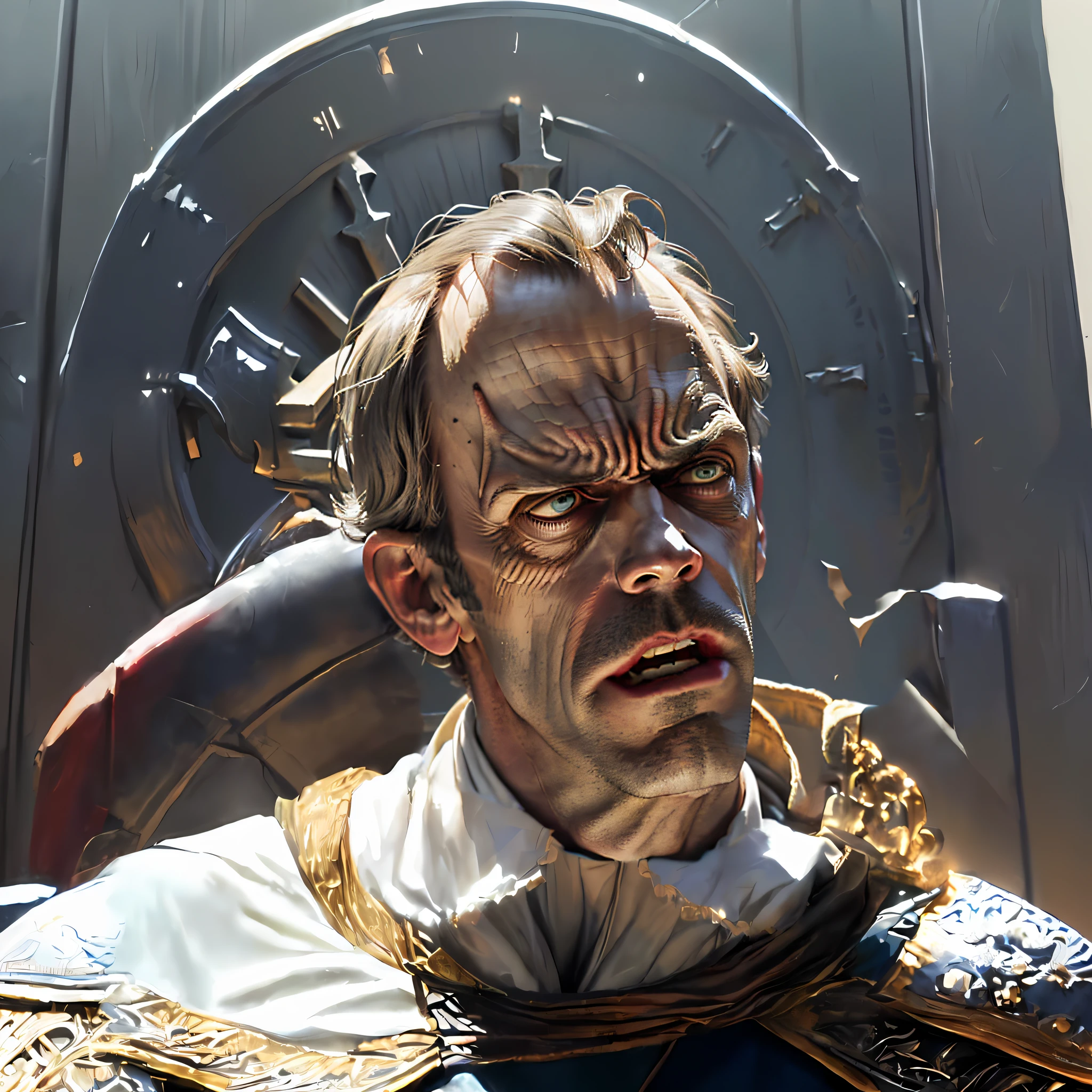 Angry (((Hugh Laurie))) , (((dressed in biblical times clothes))), smug evil looking Hugh Laurie, (hugh laurie with white biblical clothes), (Hugh Laurie), (raging), (screaming), (((facing right)))