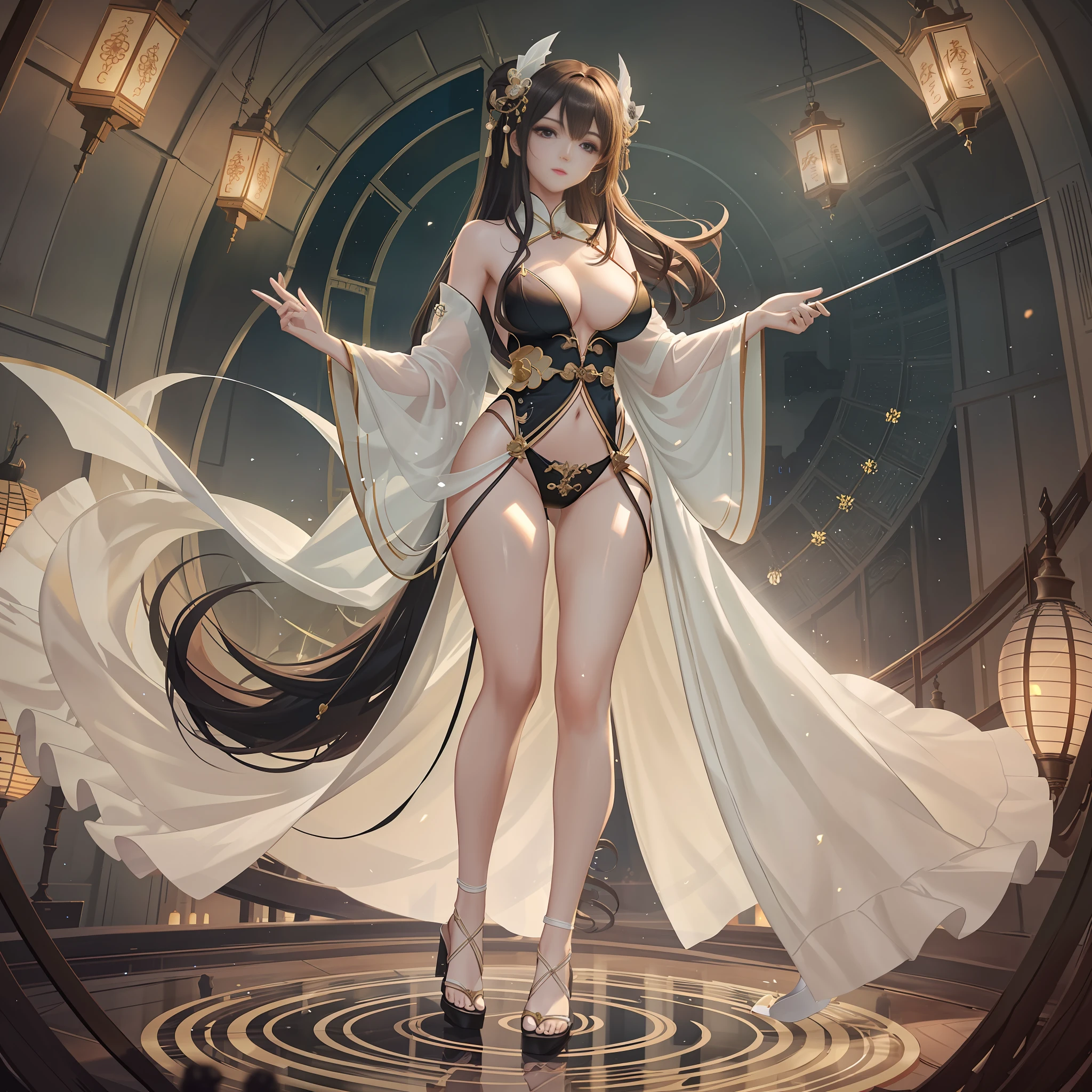 A sexy female model standing in an unreal space, 4k, silk hanfu, thong crystal heels, delicate skin, long legs, tall figure, movie lights, full body