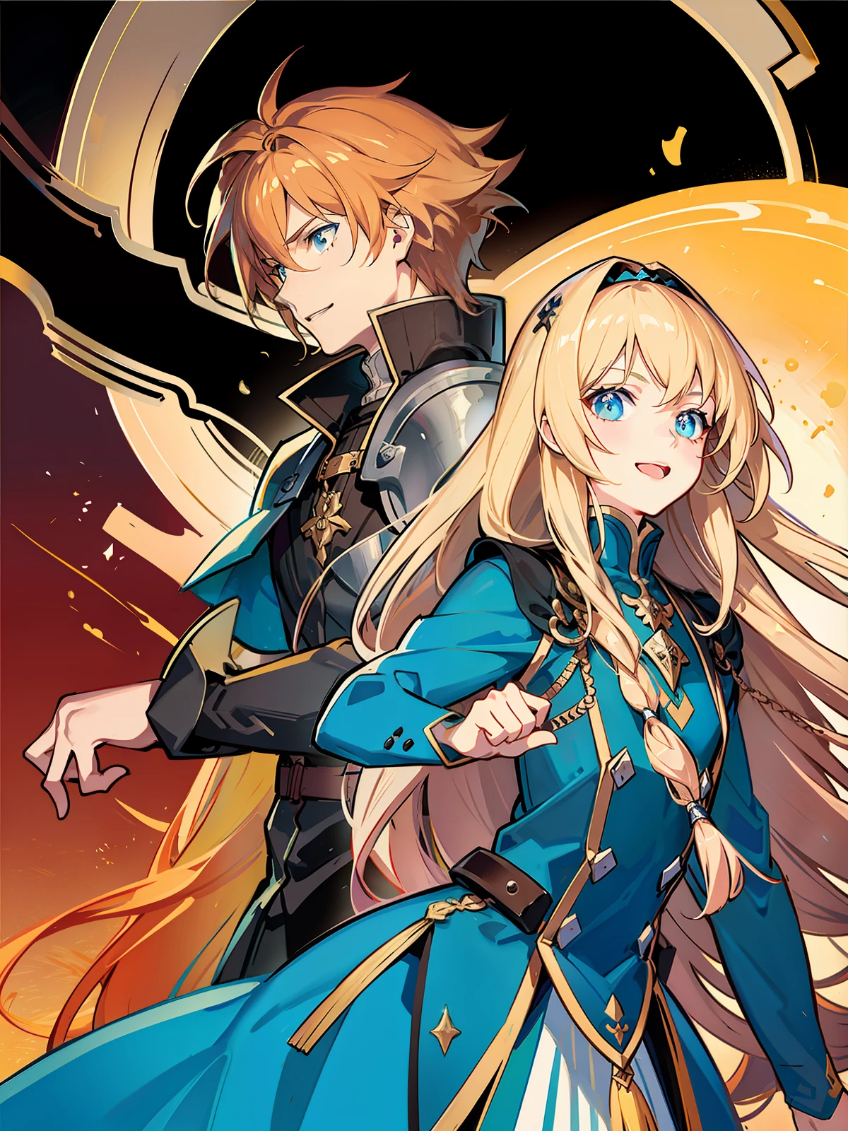 Three people, a handsome boy in a medieval combat suit, brown hair, jacket armor, unleashing magic, fighting state, serious, two beautiful women in the back in beautiful medieval combat suit with skirt below, blonde hair, smile, curtain hair, hair behind the ear, long hair, ribbon, pink headband, colored contact lenses, light blush, sparkling and gorgeous magic background, anime, anime style, movie lighting, UHD, textured skin, 8k