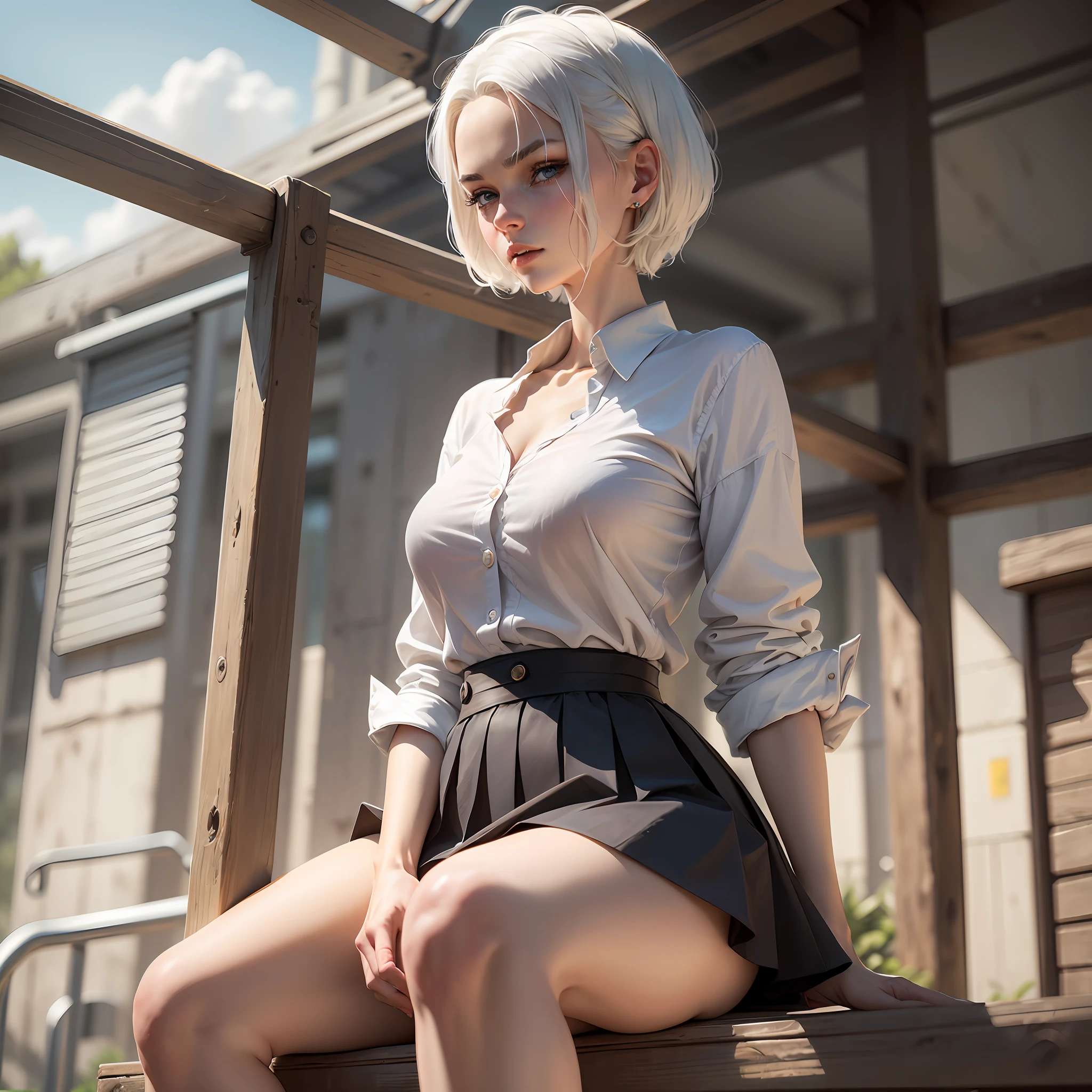 (Best quality, high resolution, masterpiece: 1.3), a slender tall big perfect woman, (short white hair), wearing a short school skirt, in the playground, details of face and skin texture are beautifully presented, detailed eyes, double eyelids, sexy pose --auto --s2