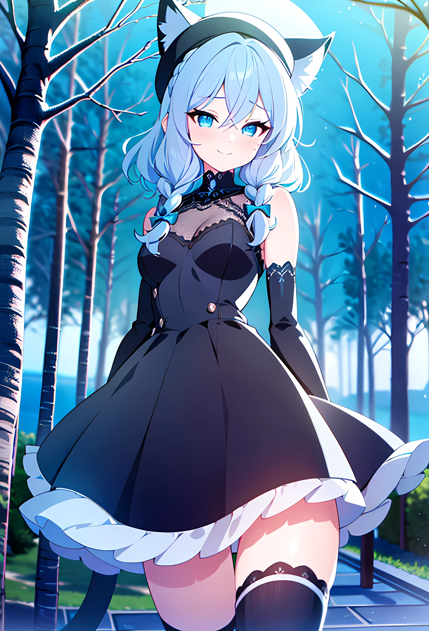 {{masterpiece, extremely detailed, 8K, absurdres, high quality shadowing}}, best quality, {solo}, {{{extremely detailed girl, perfect anatomy, perfect body}}}, {slim waist}, {slim legs}, {{high school girl}} {{{{detailed fingers}}}}, {{{detailed legs}}}, {{{{extremely detailed shoulder length black to ice blue hair}}}}, {{{luscious curly braided hair}}}, cat ears, {{black inner cat ear flaps}}, {{{extremely detailed eyes}}}, {{{{sharp black cat eyes iris}}}}, {{{{black to ice blue eyes}}}}, {{{{vibrant eye colors}}}}, {{{blushing}}}, {{cute shy smile expression}}, date clothes, {{{detailed silver beret}}} {{{detailed silver blue tight knitted fleece sweater}}}, {{{detailed short white stripe skirt}}}, {{{detailed white knitted knee warmers}}}, {{{detailed shoes}}}, {{walking on a path next to a lake surrounded by glowing trees during a starry night with a full moon shining above and reflecting of the lake next to the path}}