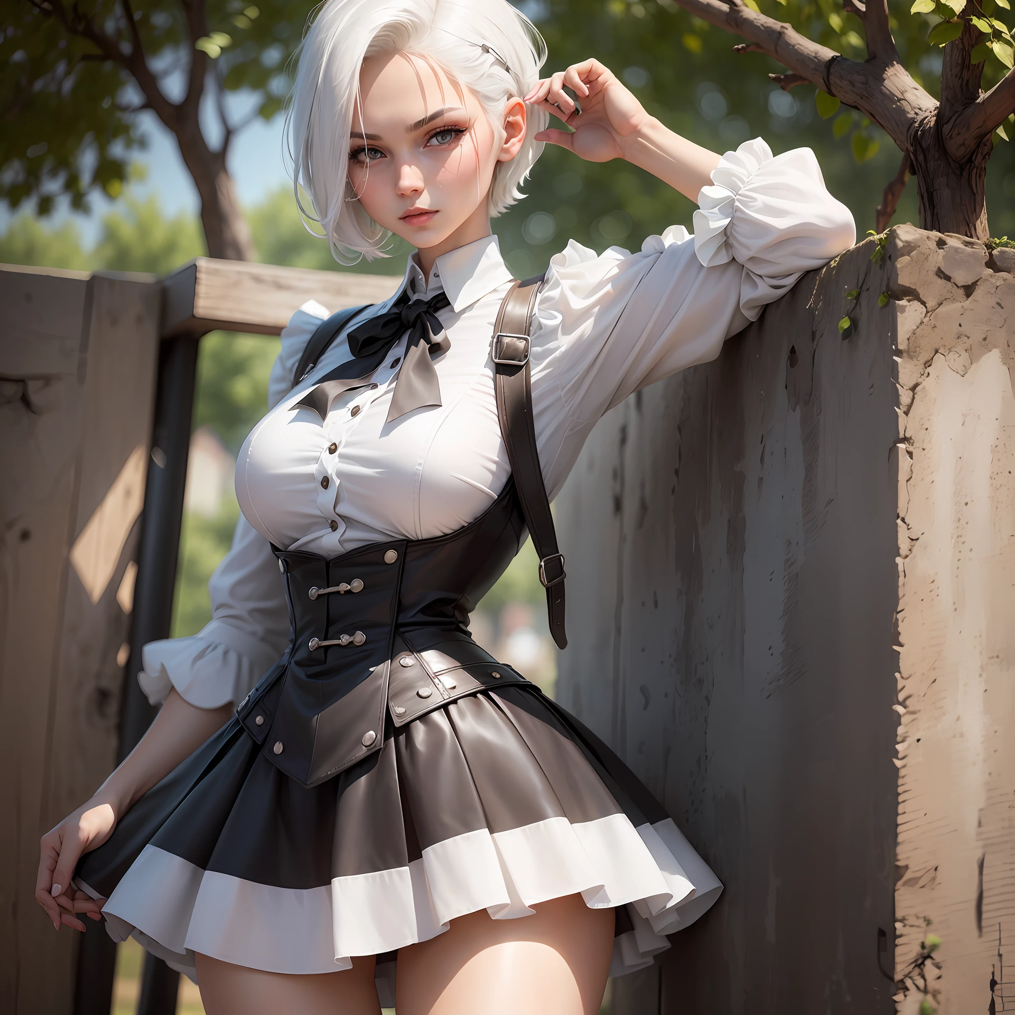 (Best quality, high resolution, masterpiece: 1.3), a slender tall big perfect woman, (short white hair), wearing a short school skirt, in the playground, details of face and skin texture are beautifully presented, detailed eyes, double eyelids, sexy pose --auto --s2