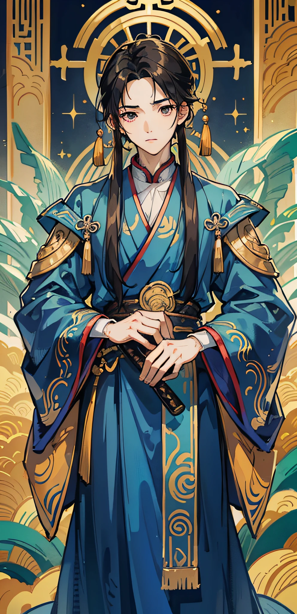 Chinese boy, 18-year-old boy with long black hair, Chinese Tang Dynasty costume Hanfu, blue wide-sleeved robe, weapon sword, jade pendant, masterpiece, top quality, best quality, official art, handsome teenager, beautiful, solo, looking at the audience, delicate face, golden ratio, golden ratio face, expressive eyes, perfect face, perfect skin, flawless face, clear face, boy posing for photos, stunning innocent symmetrical face, very slender body, long legs ・ height 180CM, full body photo, Stand upright --auto --s2