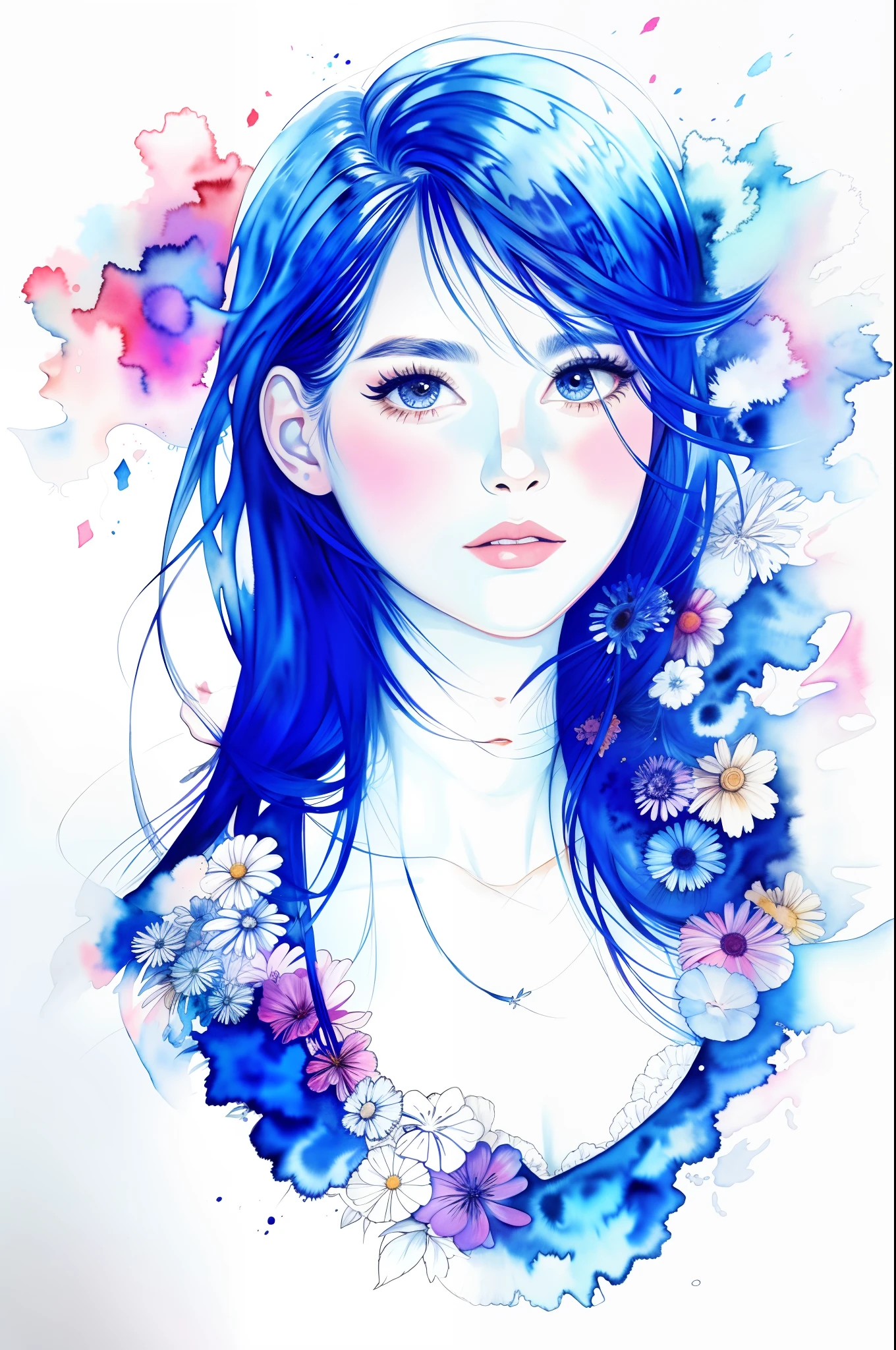 (Illustration: 1.2), Masterpiece, Best Quality, Portrait, Hand Drawn, 1 Girl, Long Hair, Watercolor \ (Medium \) Painting,