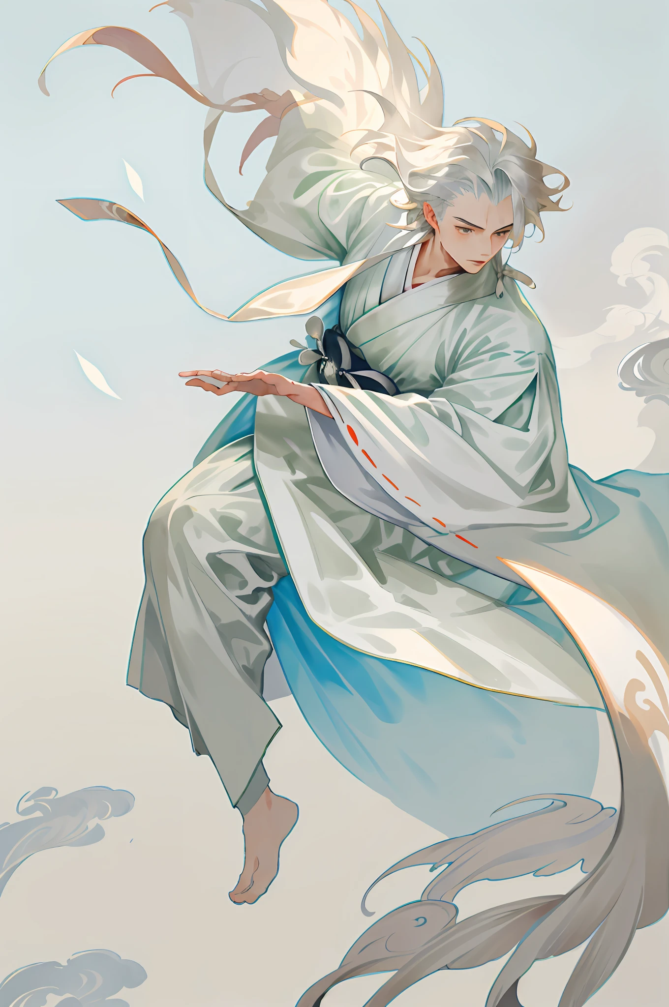 A boy, white Hanfu, long silver hair, delicate eye portrayal, handsome, fairy fluttering, holding a gorgeous umbrella, ancient style, mist, floating, wide robe with large sleeves, dynamic pose, dramatic composition, flying hair