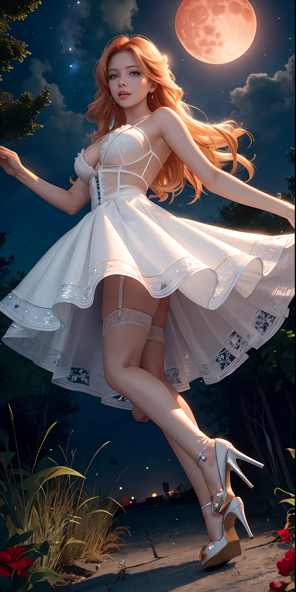 hair red gradient blonde, lifting skirt, chillerism, teeth, night sky, from below, beautiful face, cleavage, garter belt, closed high heels, face focus, shiny skin, game CG, nearby sky, moonlight, red moon, white shining high heels, mini dress glass magical girl beauty, intricate surface details, crystal core, ethereal fantasy, real, fiction, Full HD, 8K photos